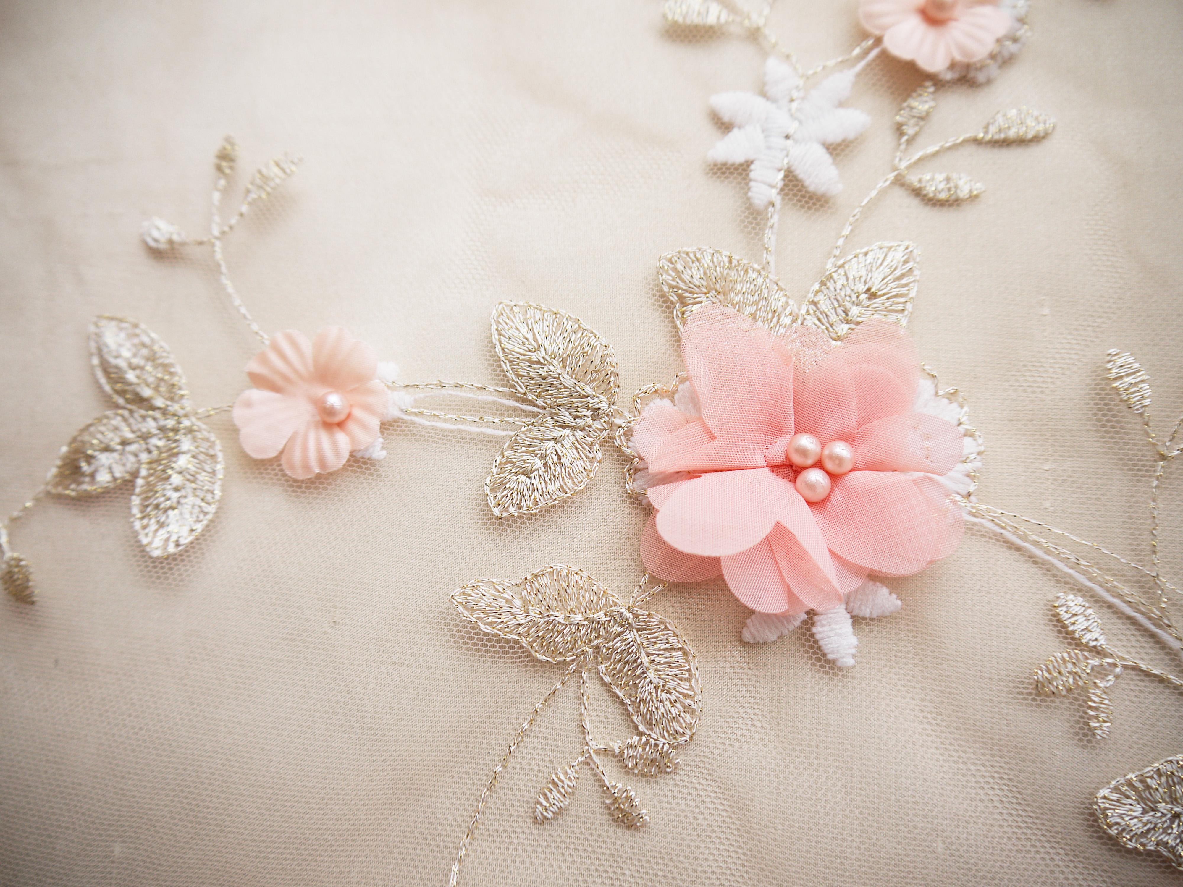 Pink Champagne Floral Applique Lace 1950's Vintage Wedding Dress
