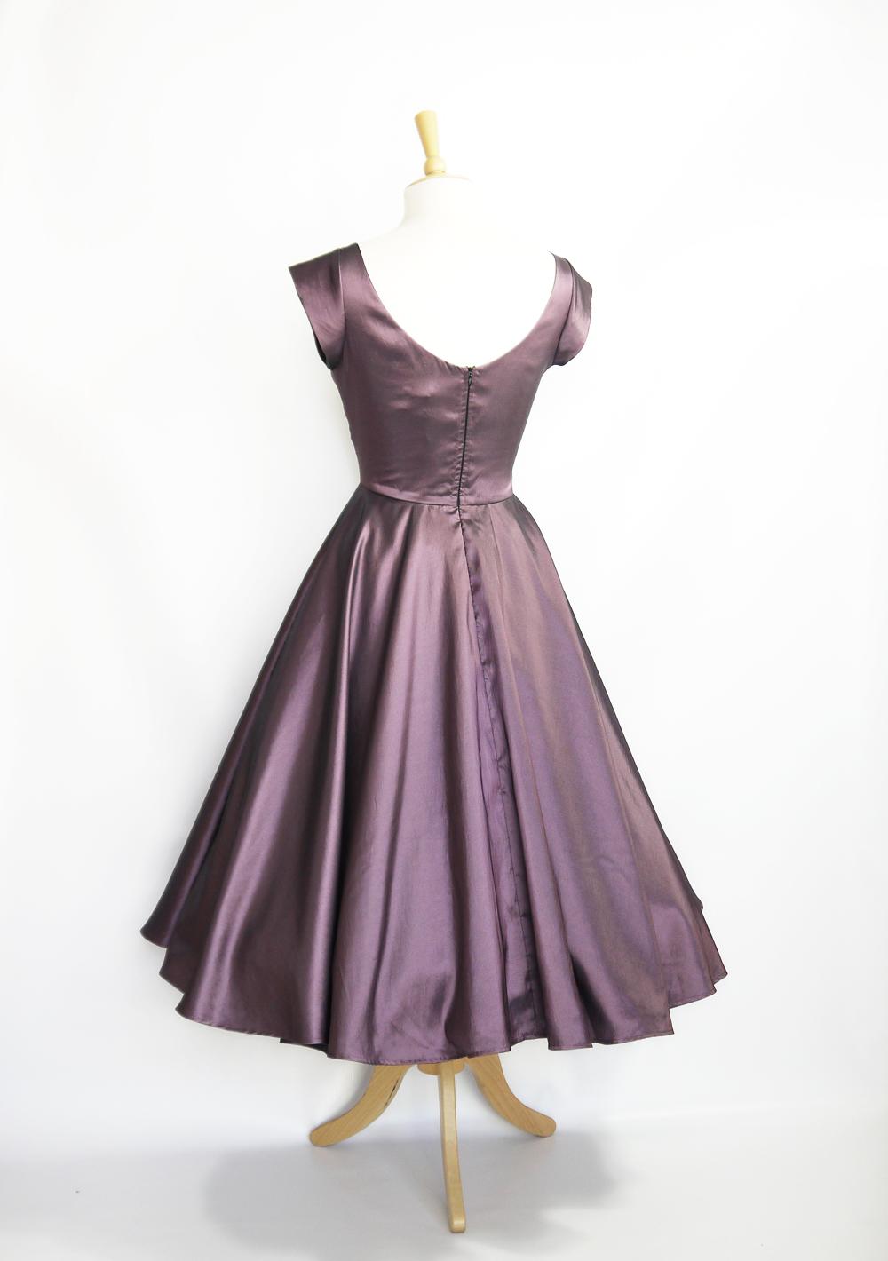 Thistle Purple Taffeta Sabrina 1950s Tea Length Evening Dress