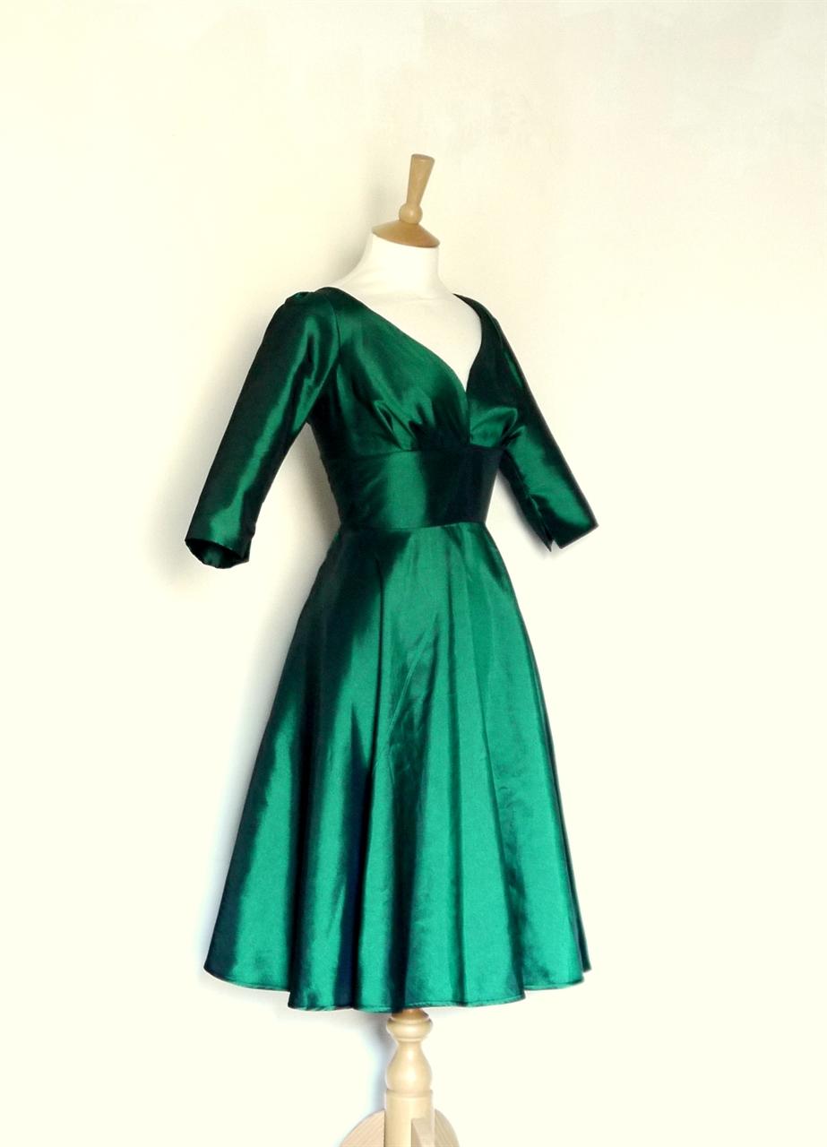 Size UK 16 - Emerald Green Taffeta Tea Length Evening Dress