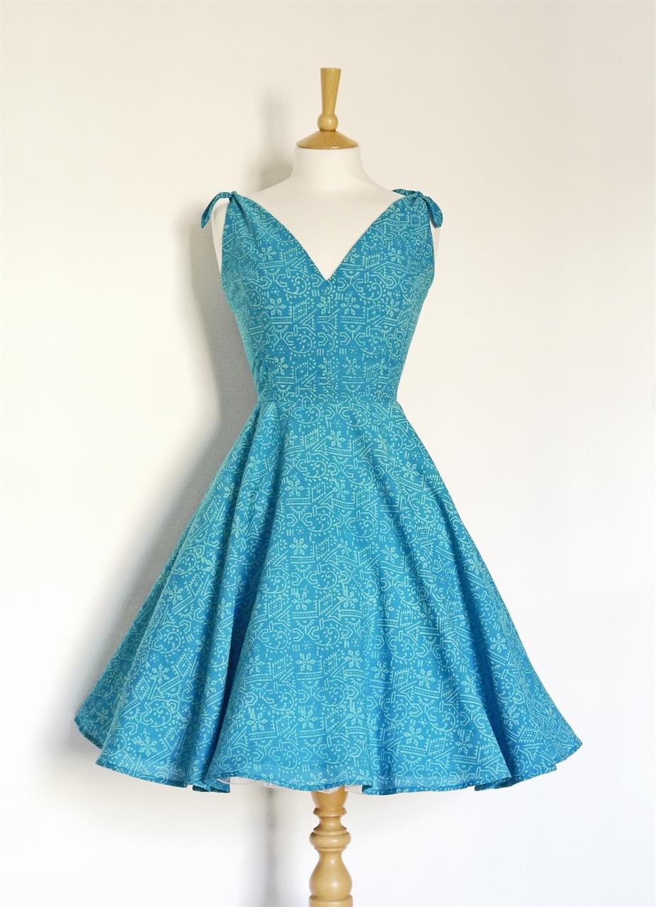 Size UK 18 - Aqua Blue Block Print Swing Dress
