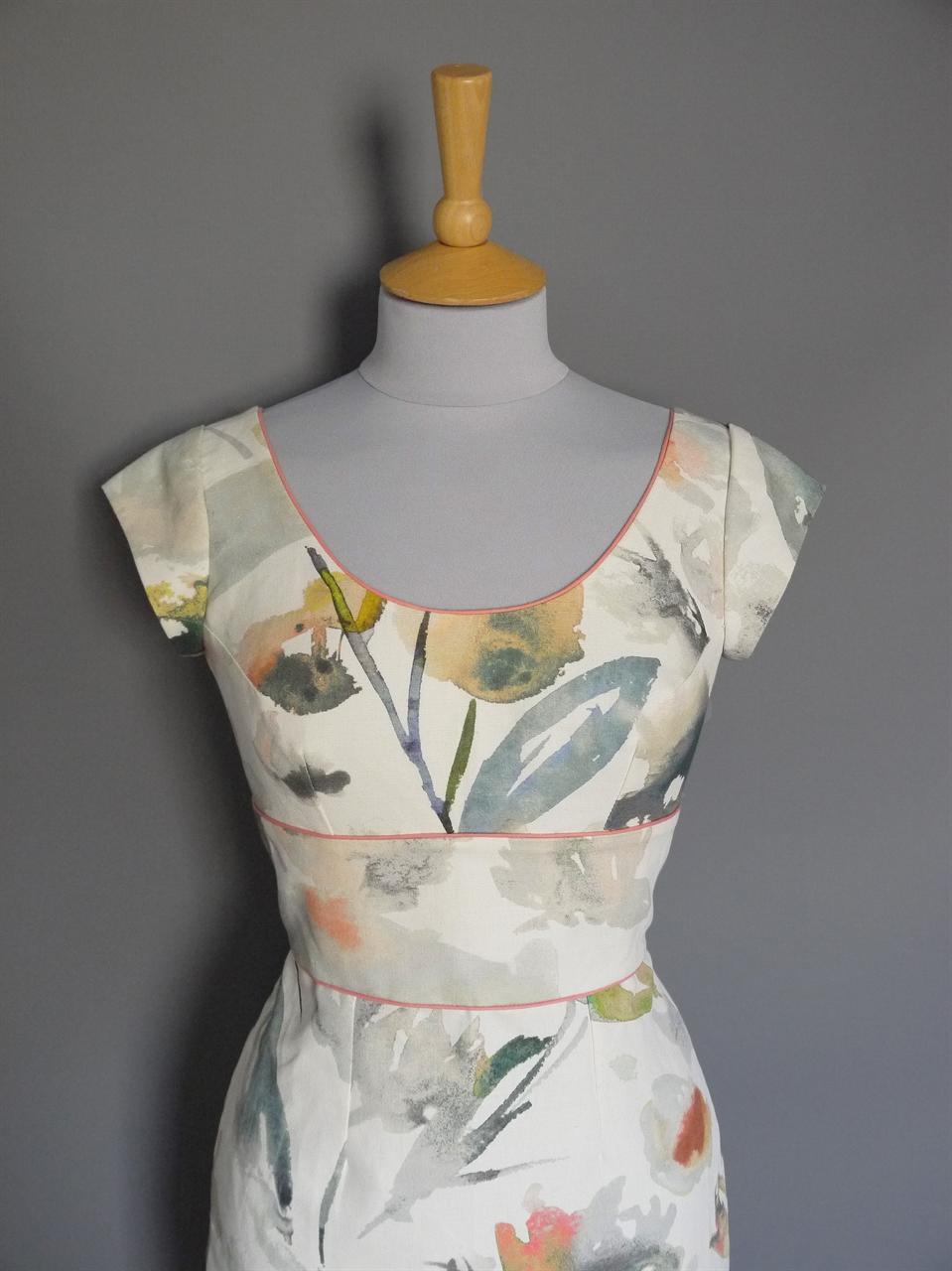 Size UK 8 - Coral & Grey Watercolour Scoop Pencil Dress