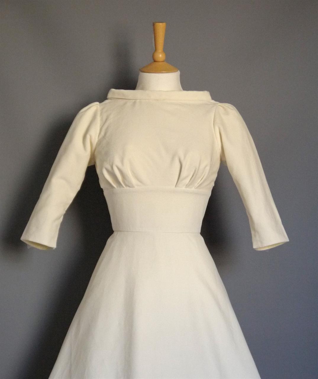 Ivory Velvet Wedding Dress with Fifties Collar, Sleeves & Half Circle Skirt