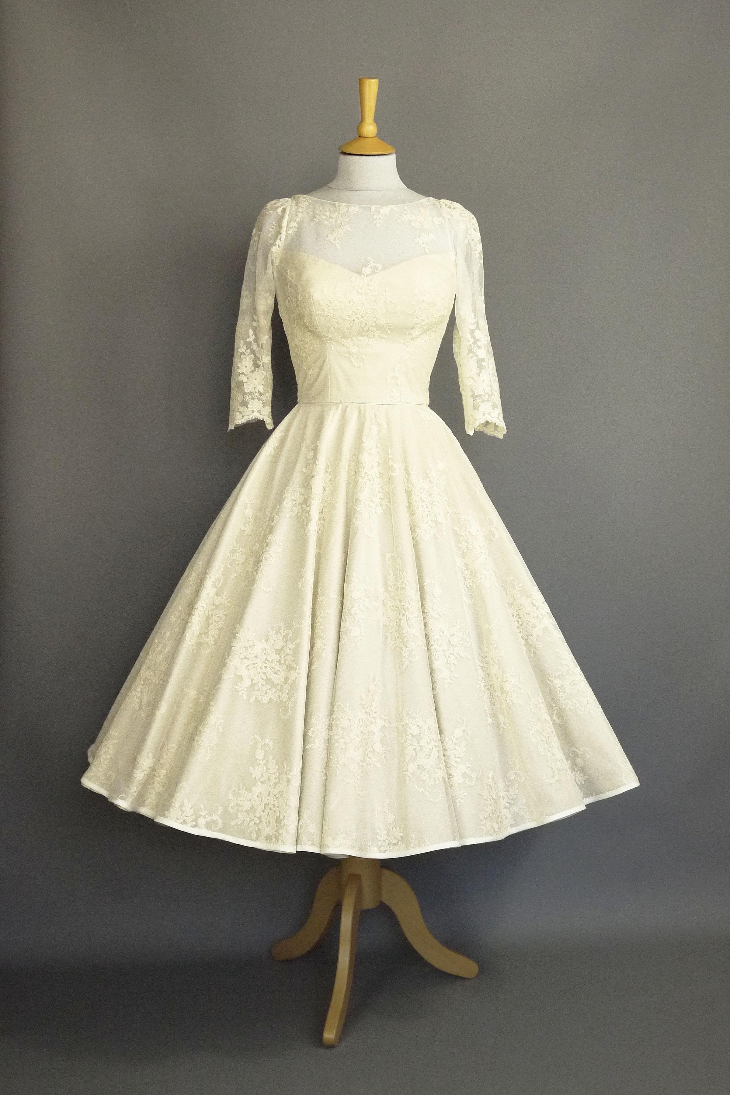 Grace 1950s Short Wedding Dress in Champagne Silk and Wild Meadow Lace