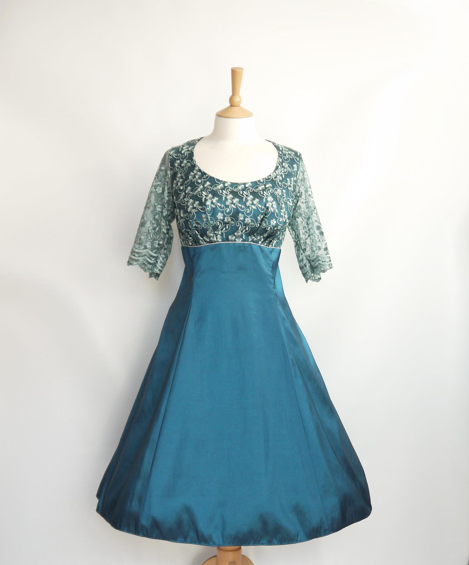 Size UK 20 - Teal Blue Shot Taffeta & Lace Evening Dress