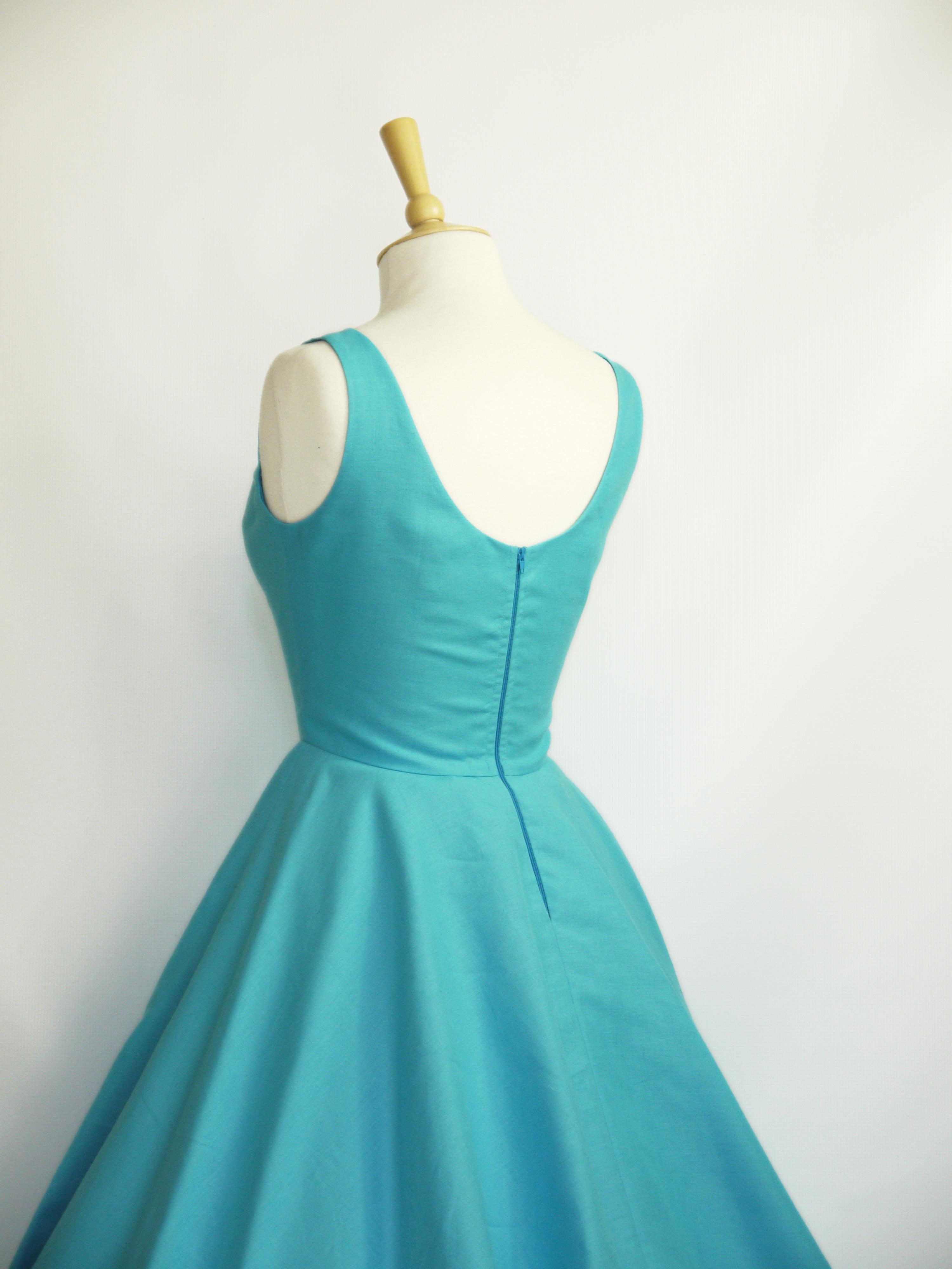 Size UK 10 Cerulean Blue Linen Scoop Neckline Swing Dress