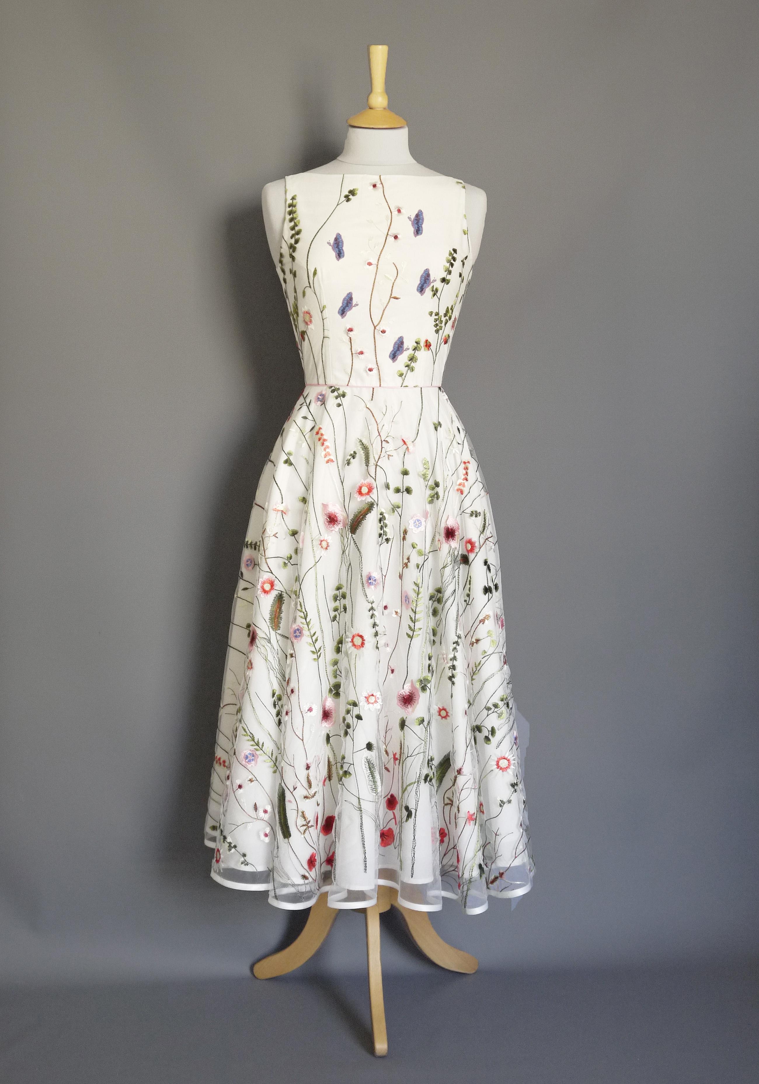 Botanical Lace Sabrina Tea Length 1950s Wedding Dress