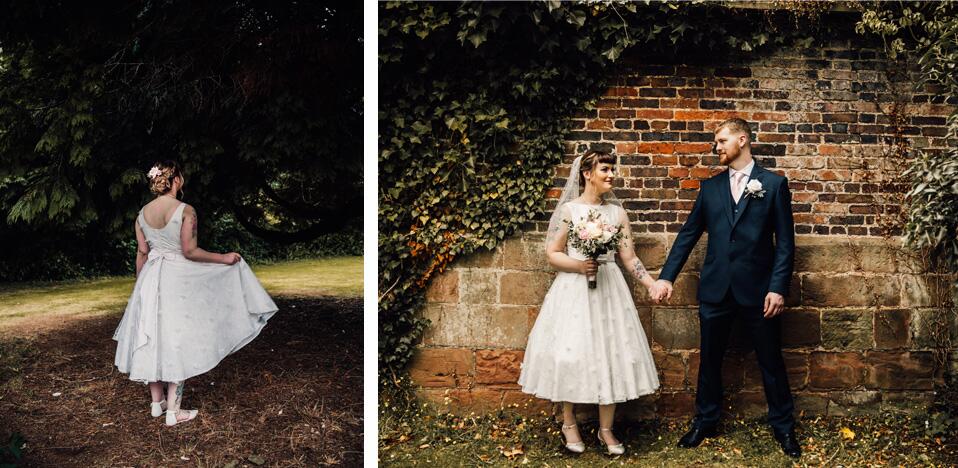 beautiful young real bride wearing 1950s style wedding dress made by Dig For Victory