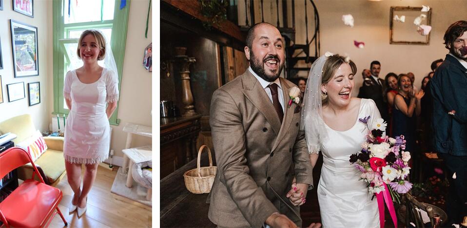 stunning real bride wearing bridal mini dress made from ivory silk and pearl trim