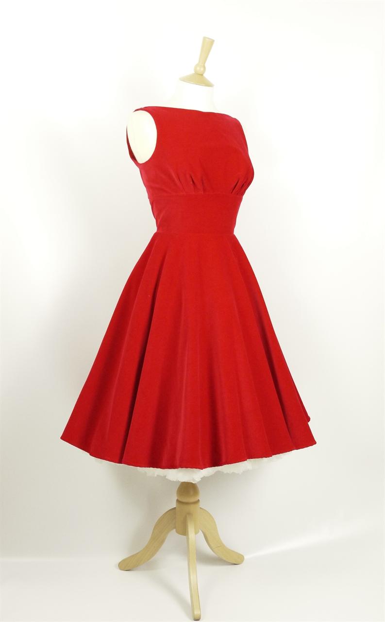 Scarlet Red Velvet Tiffany 1950's Swing Dress with Full Skirt