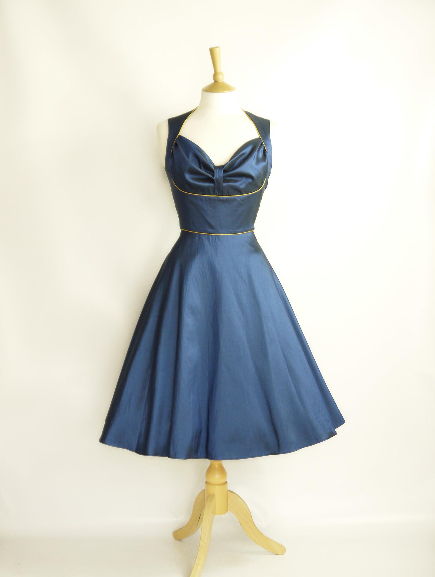 Size UK 14 - Midnight Blue Taffeta Bustier Dress with Gold Piping