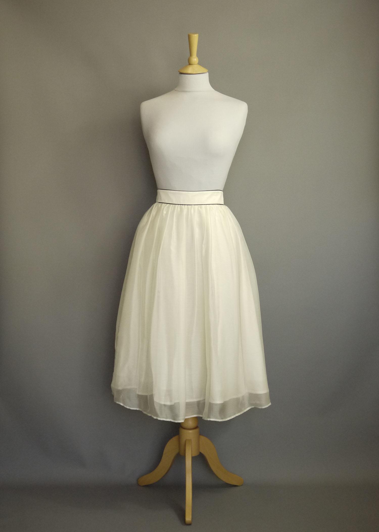 Size UK 8 - Ivory Silk Chiffon Midi Length Skirt with Black Satin Piping