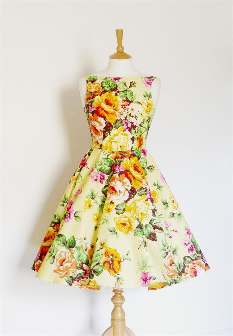 Size UK 20 - Pale Yellow Vintage Floral Darted Tiffany Swing Dress