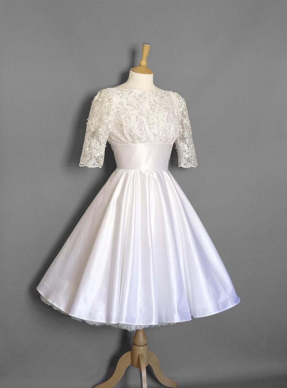 Holly Fifties Style Wedding Dress in Vintage Pearl Satin & Empress Lace ...