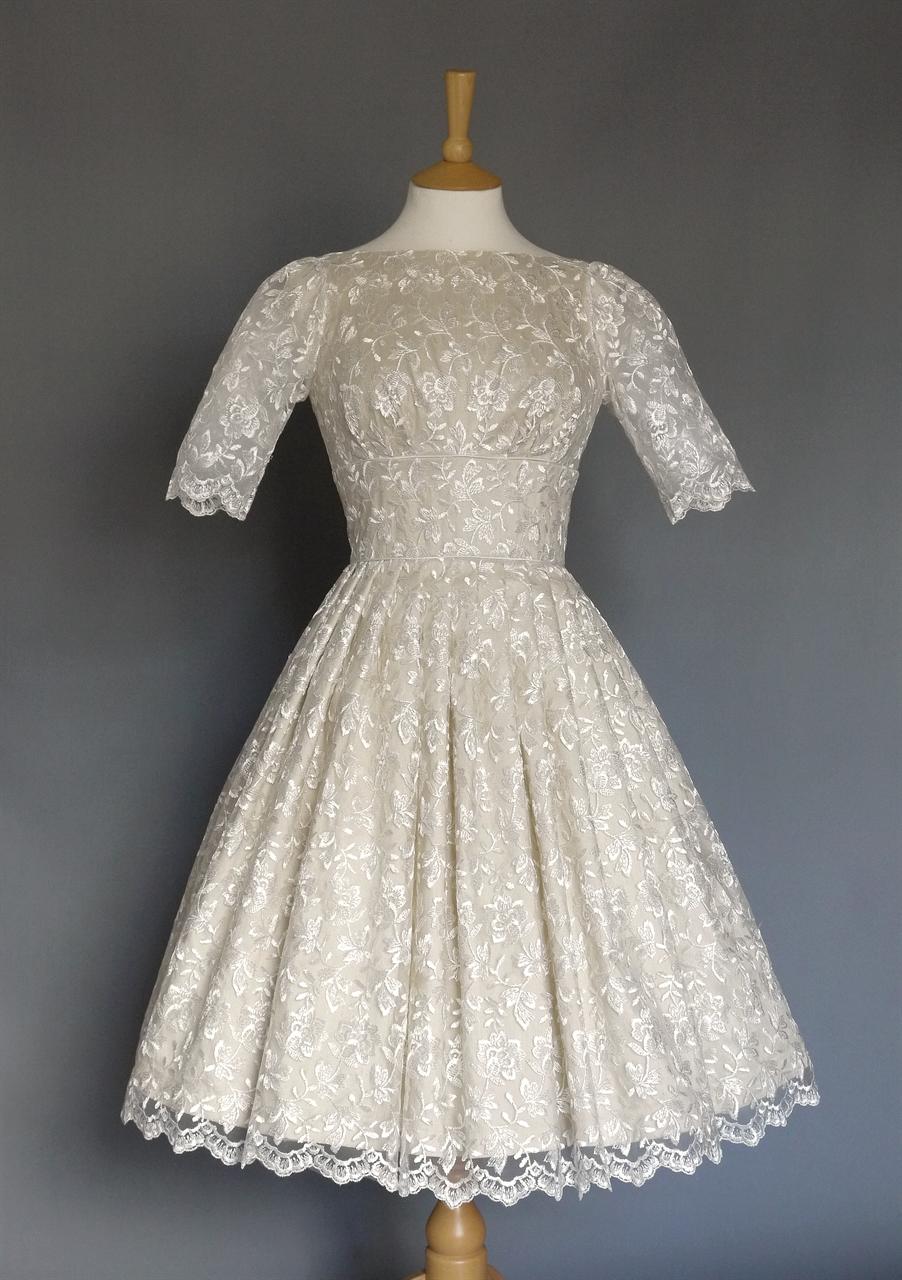 Flora Ivory Lace Wedding Dress in Champagne Silk with Sleeves & Pleated ...
