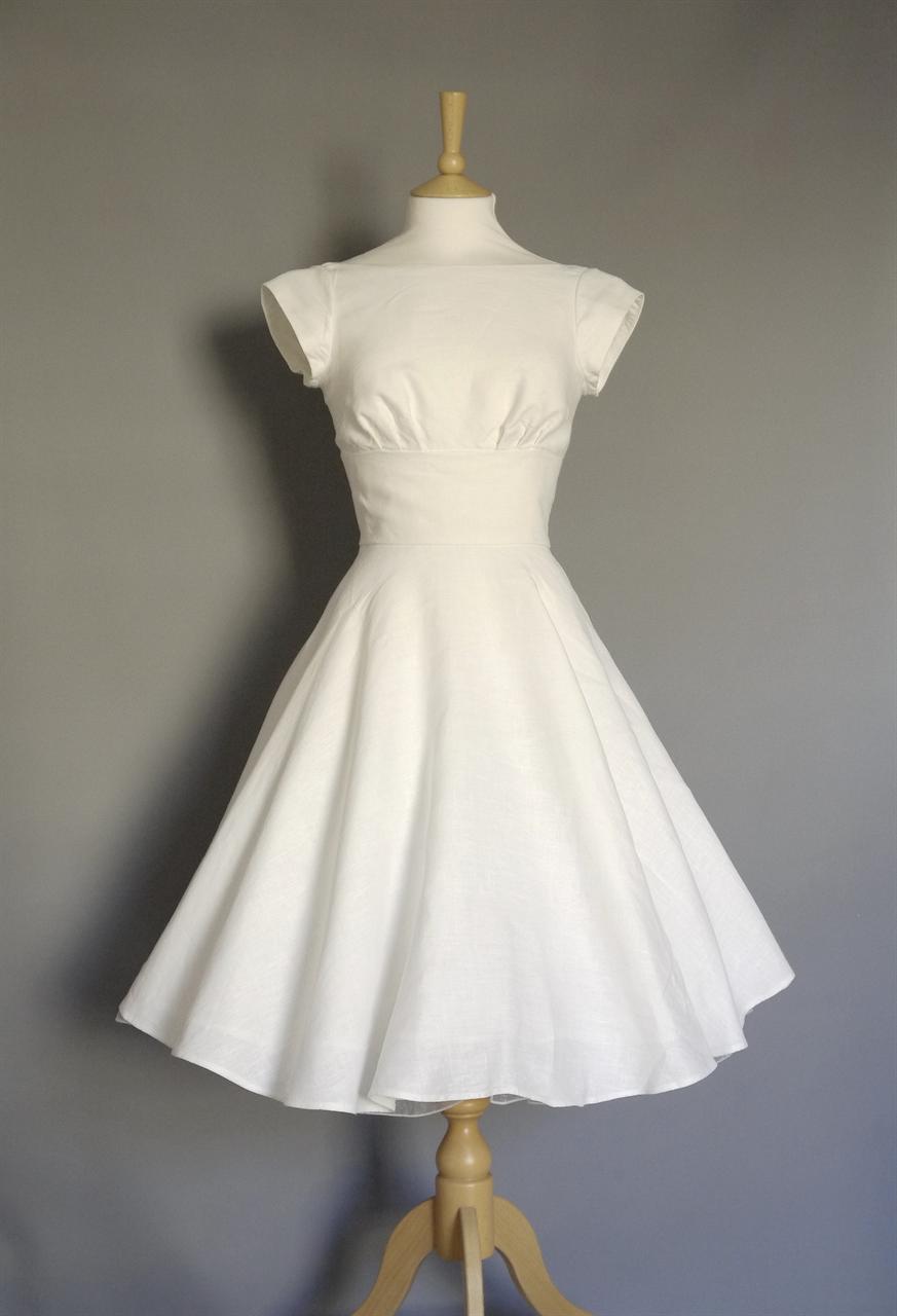 Prairie Wedding Dress in Ivory Linen with Cap Sleeves & Full Circle Skirt