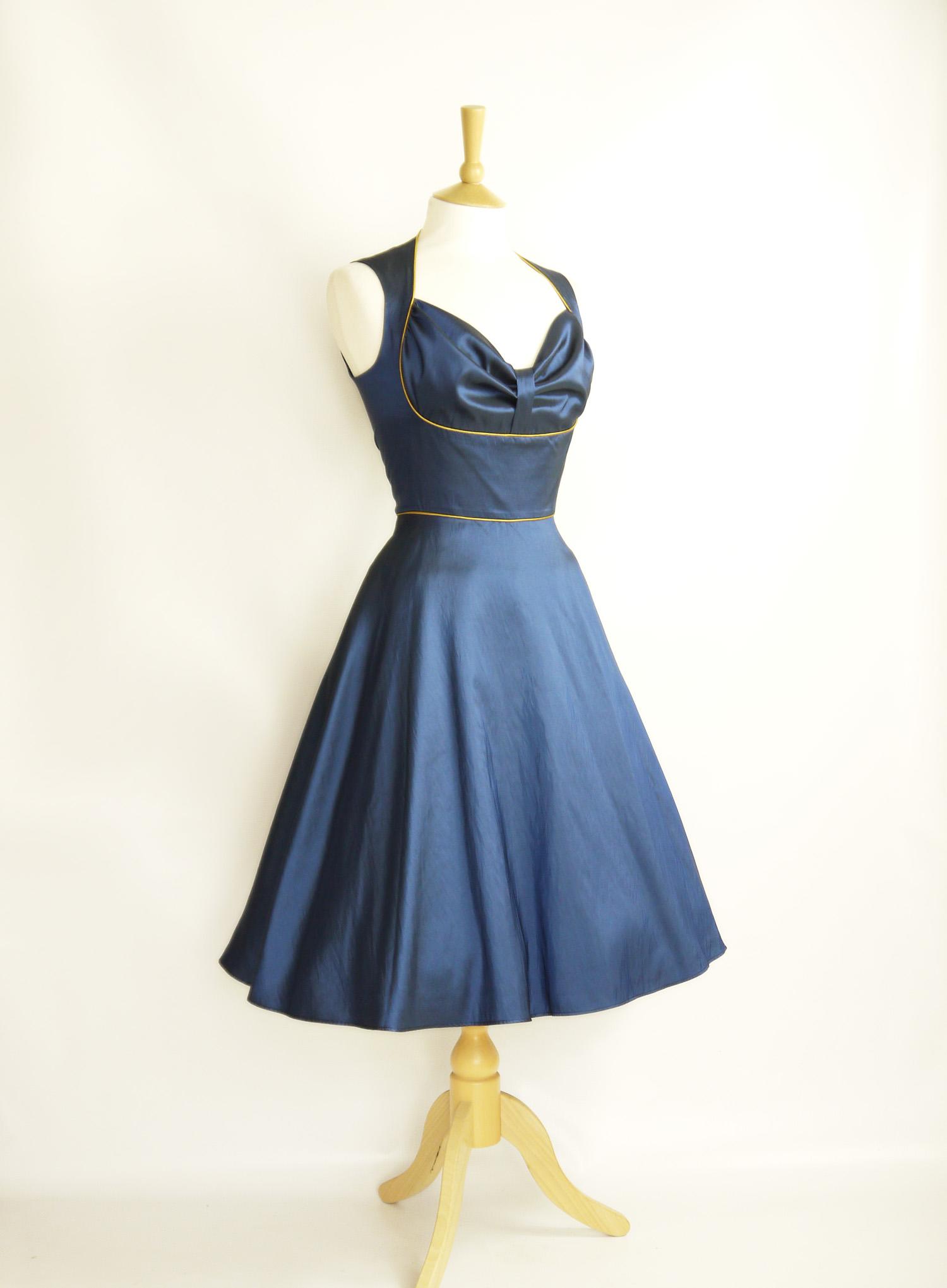 Size UK 14 - Midnight Blue Taffeta Bustier Dress with Gold Piping