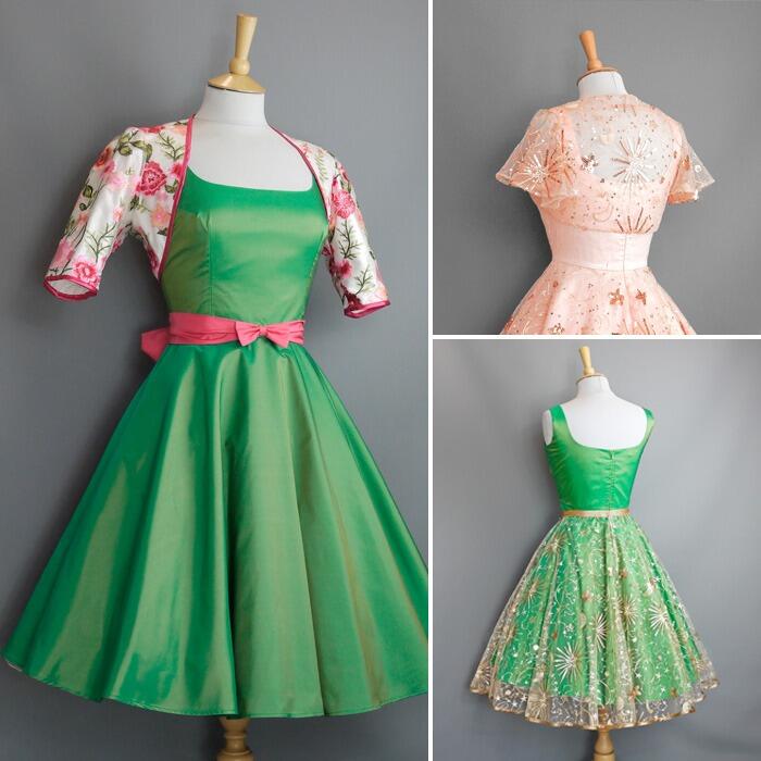 Two dresses with lace bolero jackets and a gold sequin lace skirt