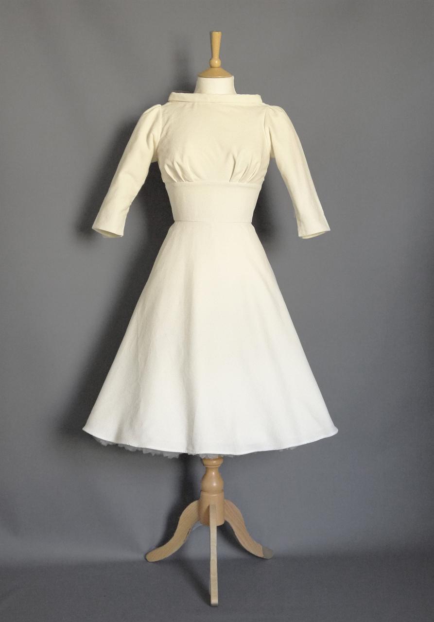 Ivory Velvet Wedding Dress with Fifties Collar, Sleeves & Half Circle Skirt