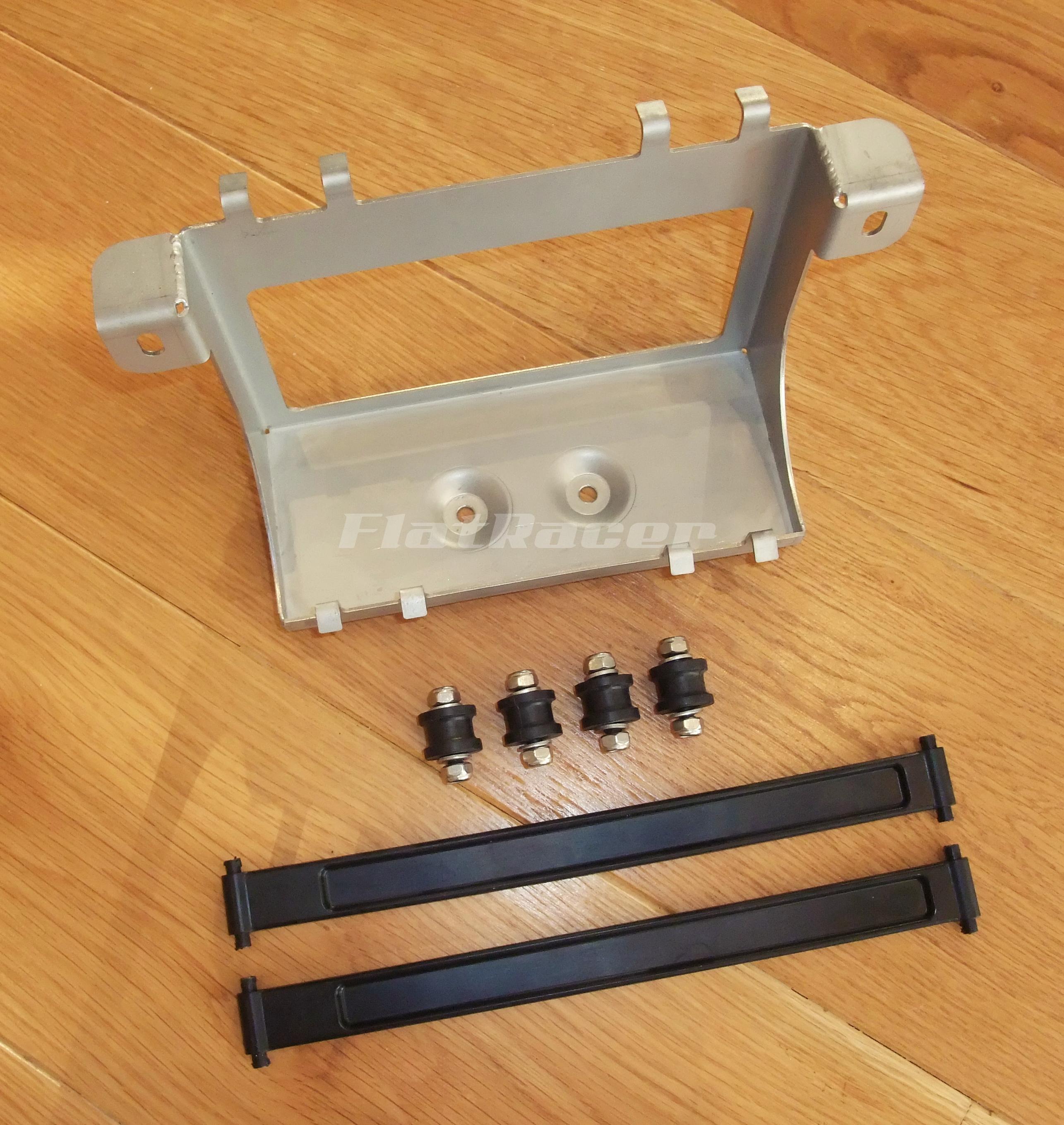 FlatRacer BMW Monolever (post 1985) stainless steel battery tray - with 4 x M6 rubber mounting rubber bobbins + pair of retaining rubber straps