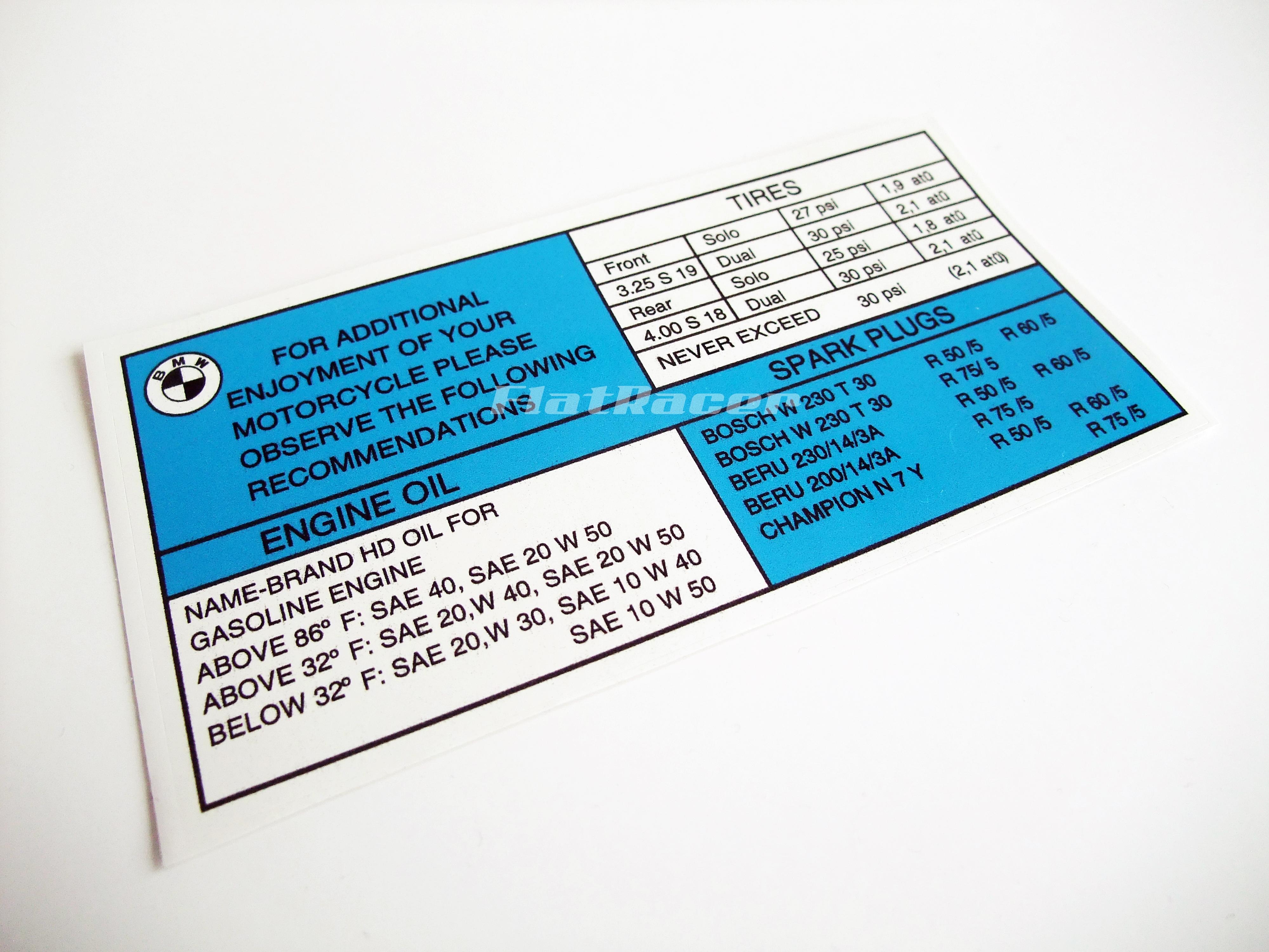 BMW R50, R60 & R75 /5 (69-73) Tyres, Oil & Plugs recommendation sticker - English Text (white & blue)