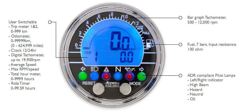 Acewell 70mm billet alloy electronic speedometer / tachometer - BLACK