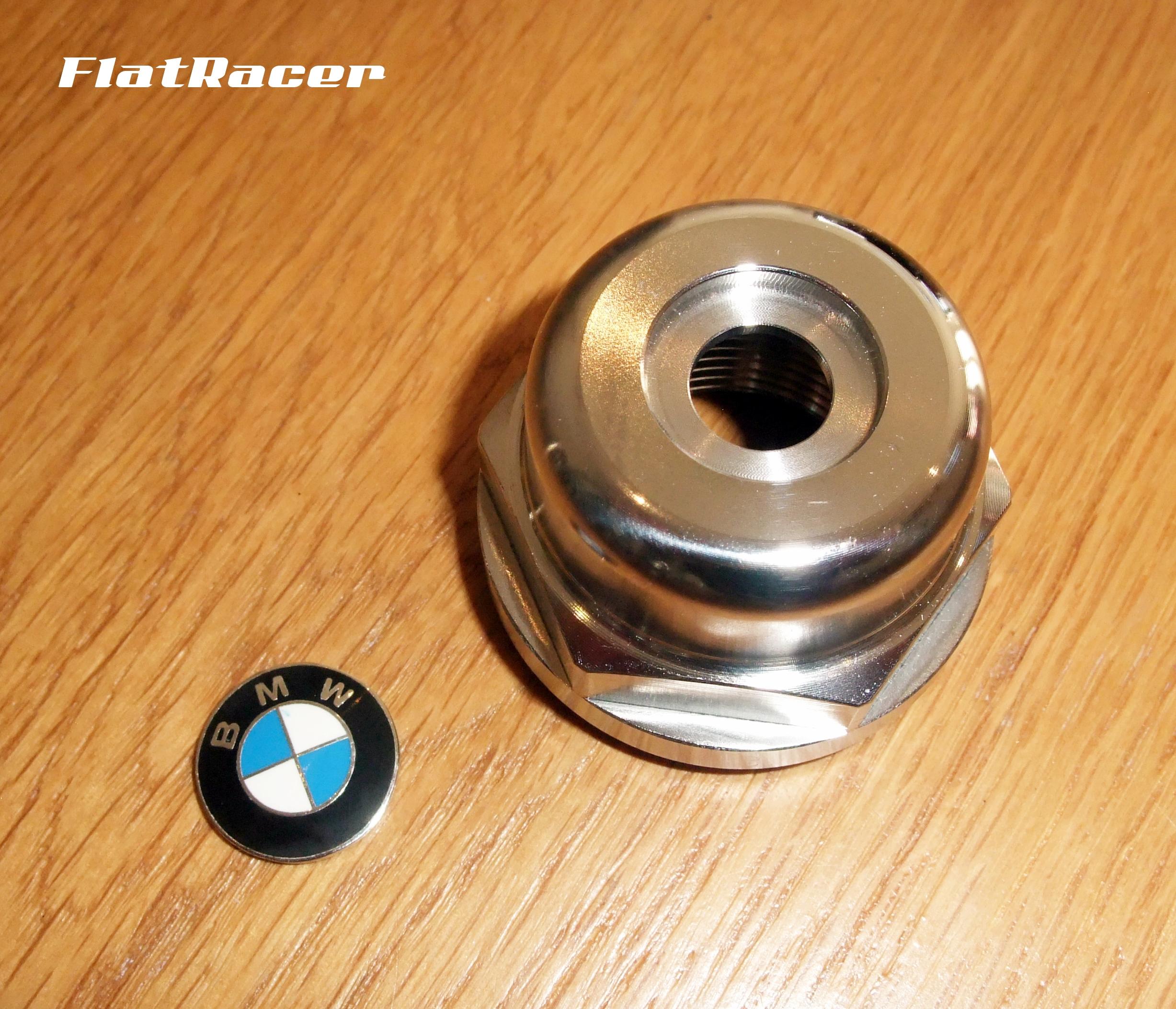 FlatRacer BMW /5, /6, /7 & Monolever s/s steering stem/top yoke top centre nut w/ 16mm BMW enamel badge