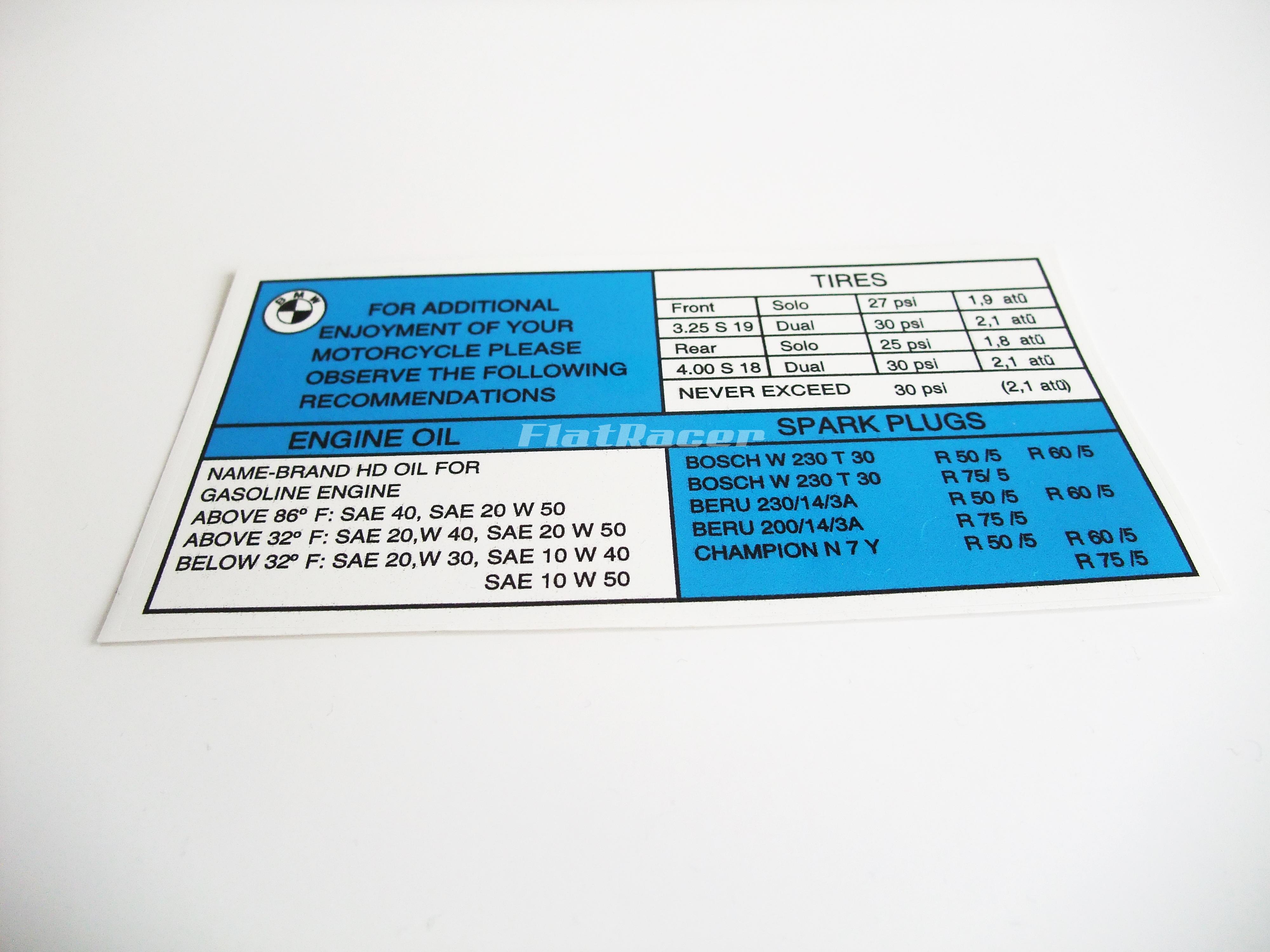 BMW R50, R60 & R75 /5 (69-73) Tyres, Oil & Plugs recommendation sticker - English Text (white & blue)