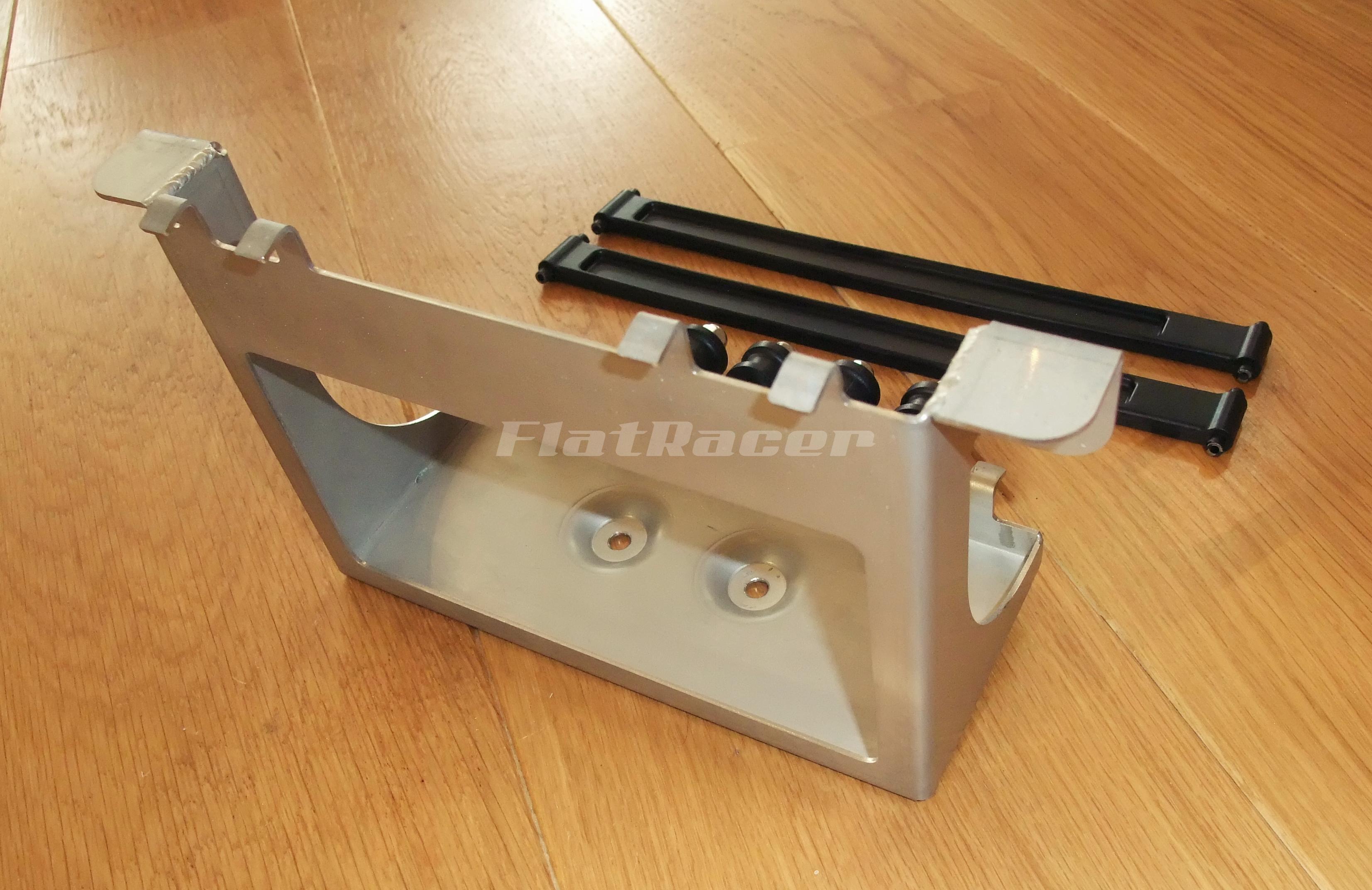 FlatRacer BMW Monolever (post 1985) stainless steel battery tray - with 4 x M6 rubber mounting rubber bobbins + pair of retaining rubber straps