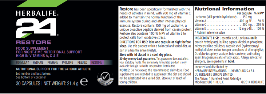 Nutritional Information Herbalife Restore 30 capsules