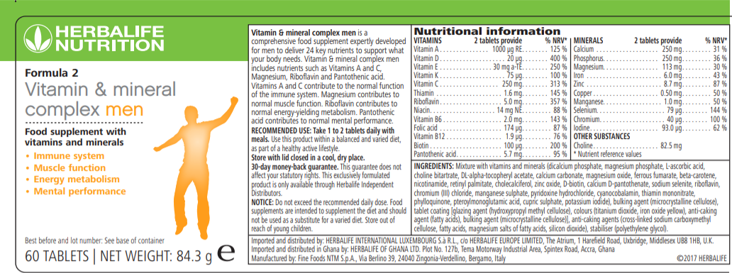Nutritional Information Herbalife Formula 2 Vitamin & Mineral Complex Men