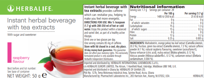 Nutritional Information Herbalife Instant Herbal Beverage Raspberry