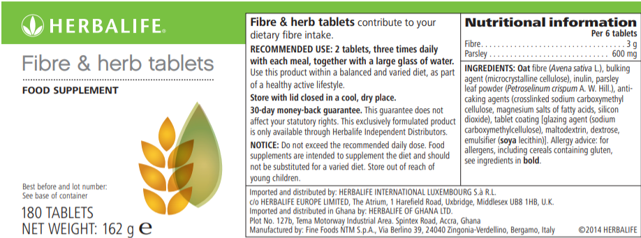 Nutritional Information Herbalife Fibre & Herb Tablets