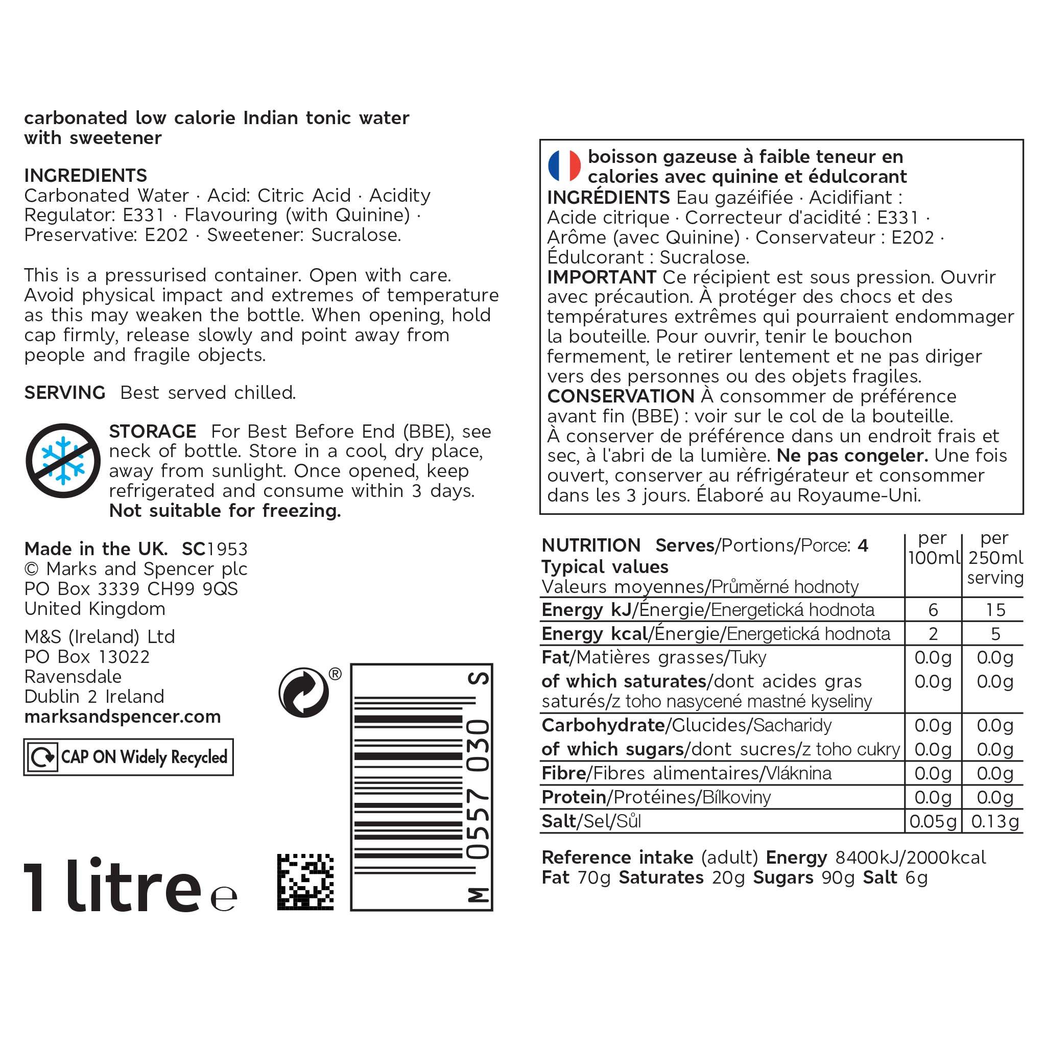 Diet Indian Tonic Water 1l Label