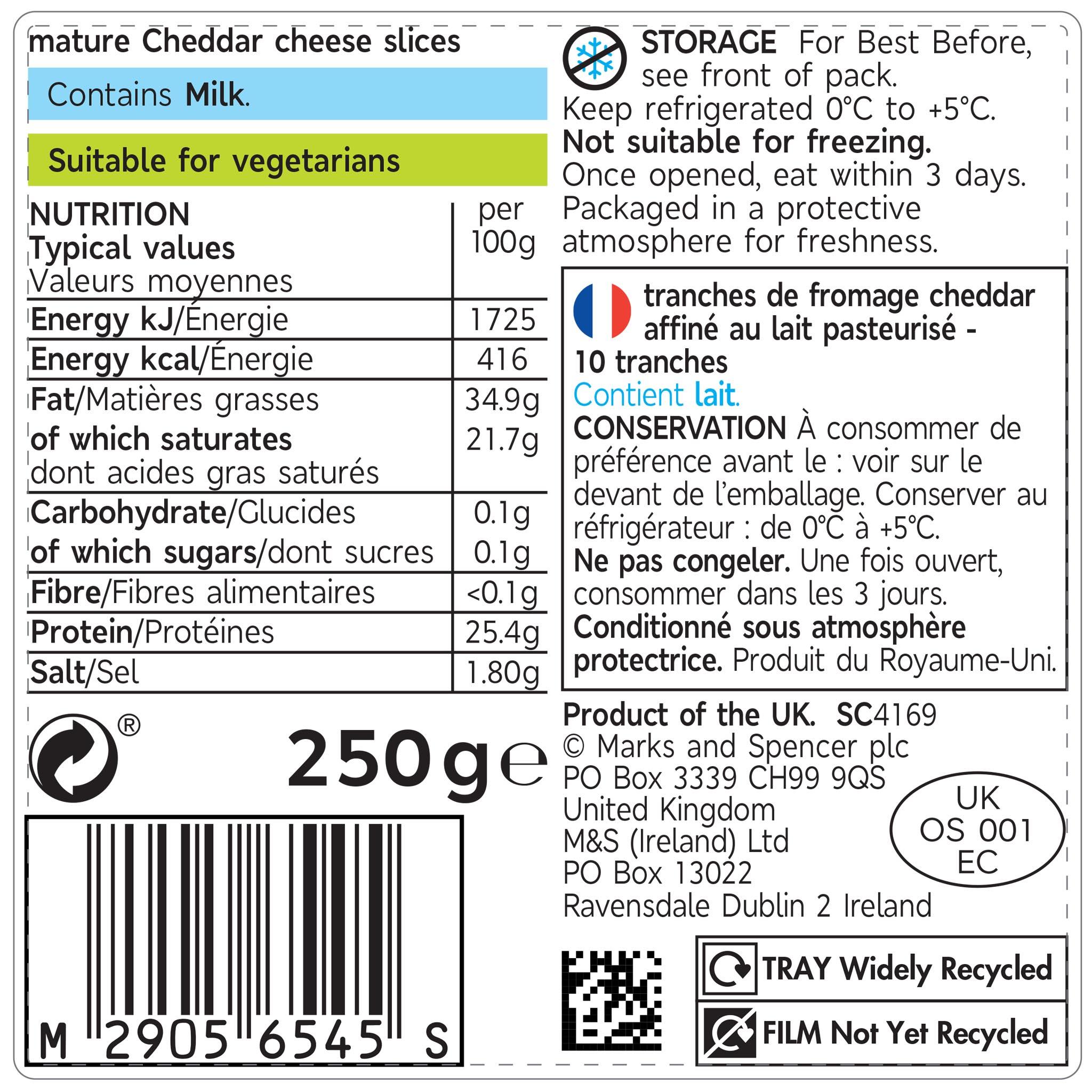 British 10 Mature Cheddar Slices 250g Label
