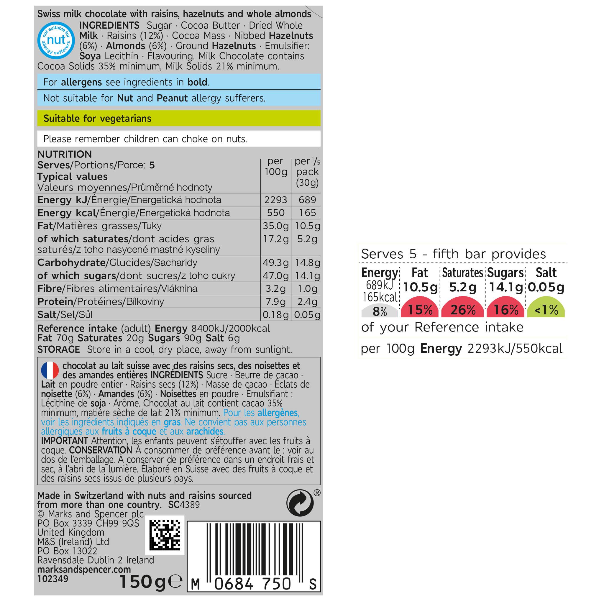 Swiss Chocolate Milk with Fruit & Nuts 150g Label