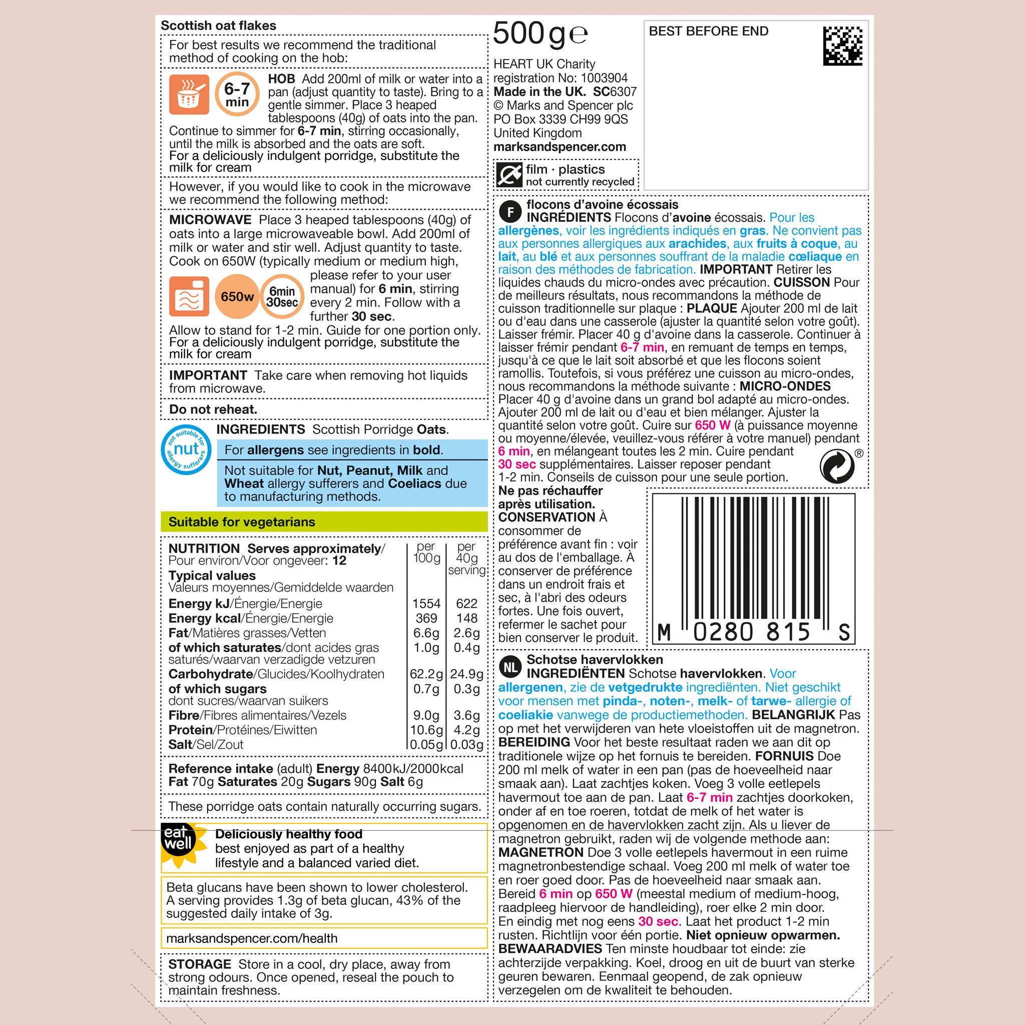 Whole Scottish Porridge Oats 500g Label
