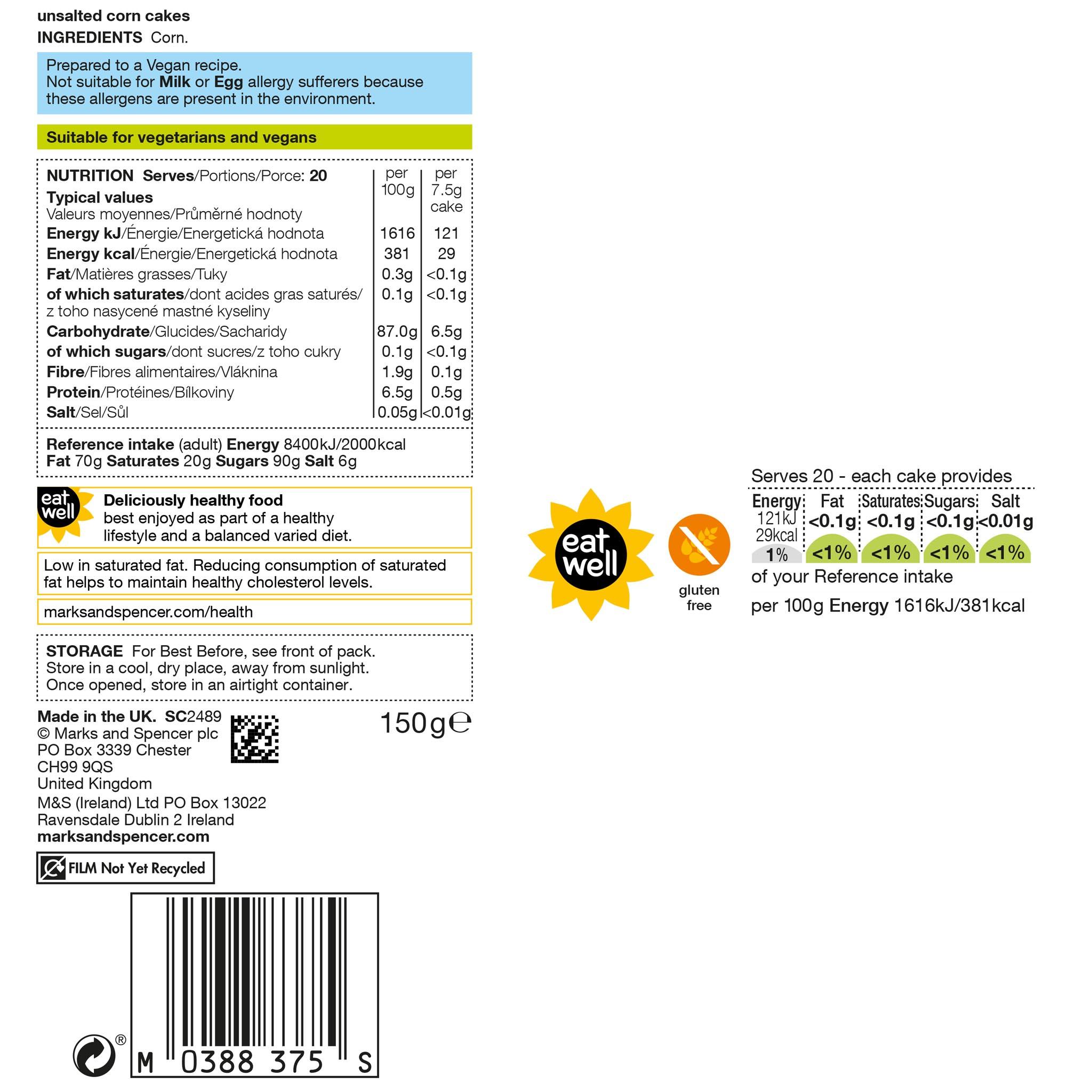 Unsalted Corn Cakes 150g Label
