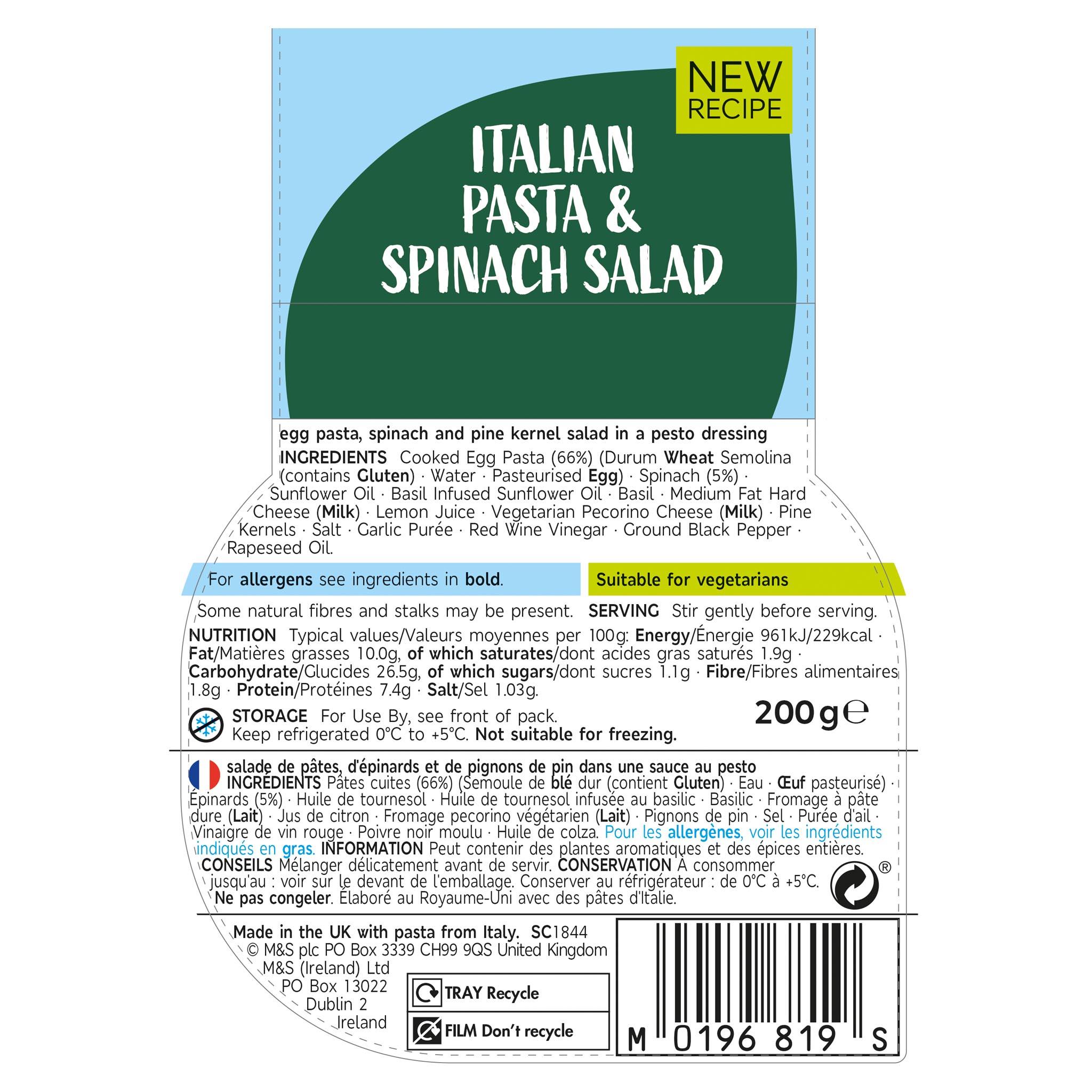 Pasta, Spinach & Pine Kernels 190g Label