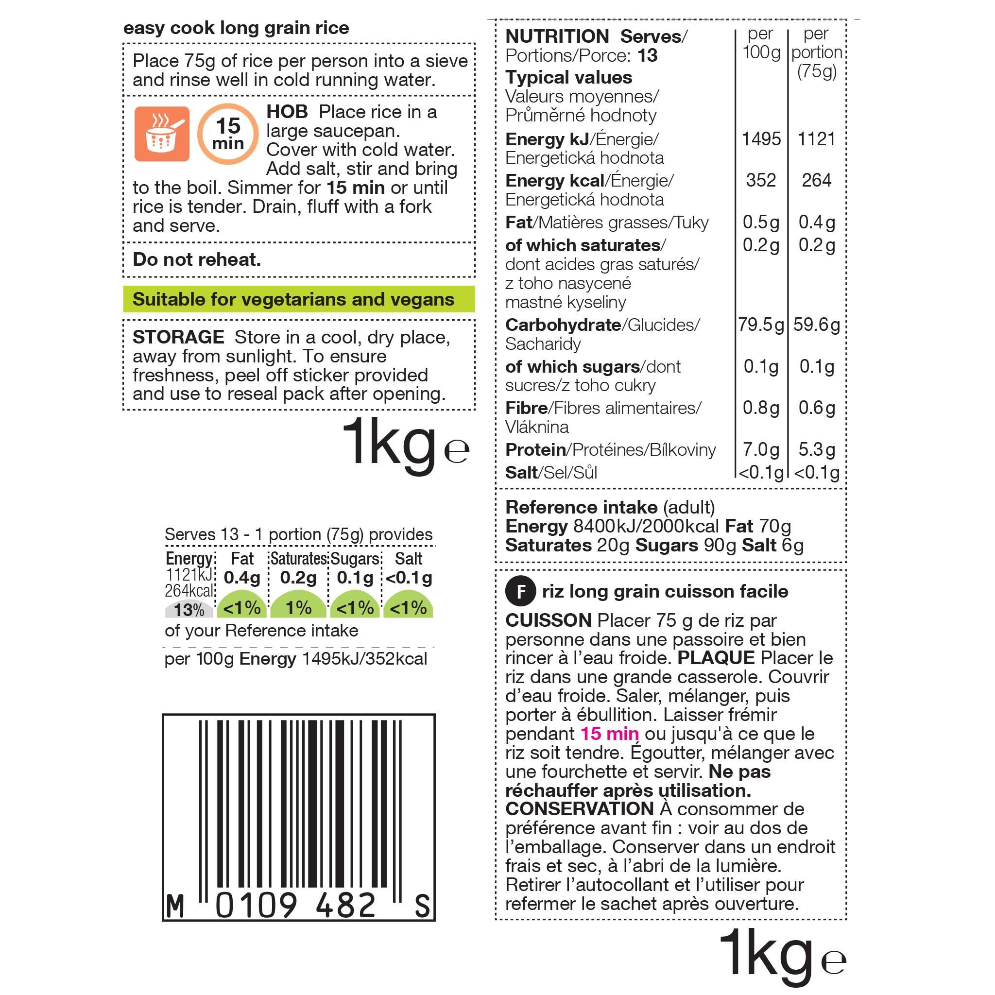 Easy Cook Long Grain Rice 1kg Label
