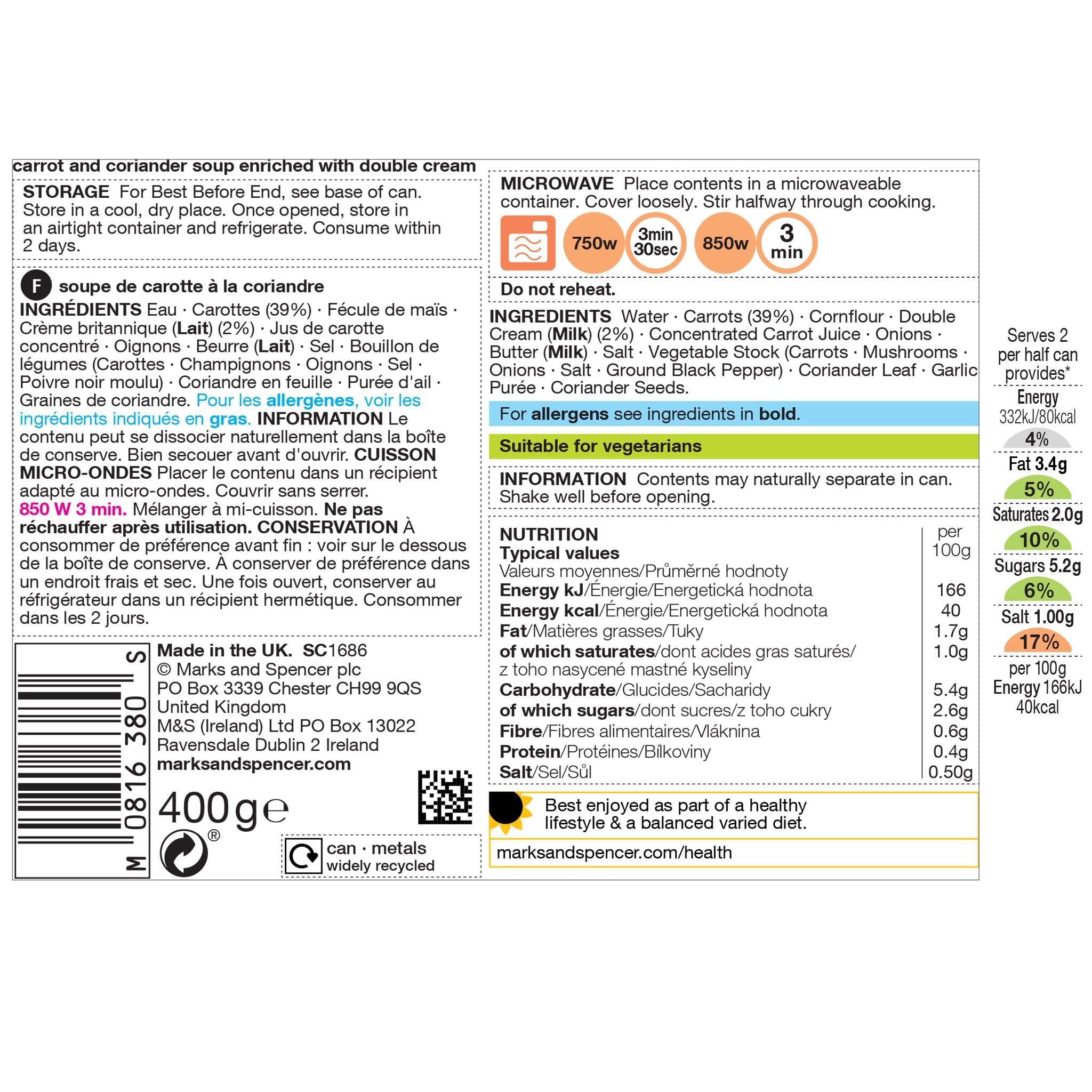 Carrot & Coriander Soup 400g Label
