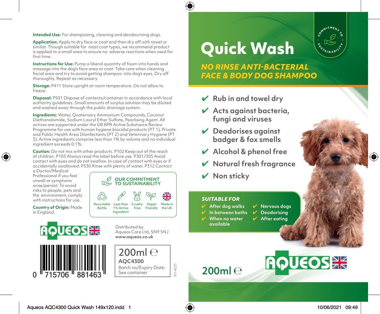 Quick Wash No Rinse Anti Bacterial Dog Shampoo or Face Wash