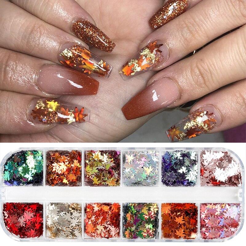 Eseres Fall Nail Glitter 12 Grids Maple Leaf Nail Sequins Fall Leaves  Glitter for Nails Art Acrylic Nail Designs for Women Girls