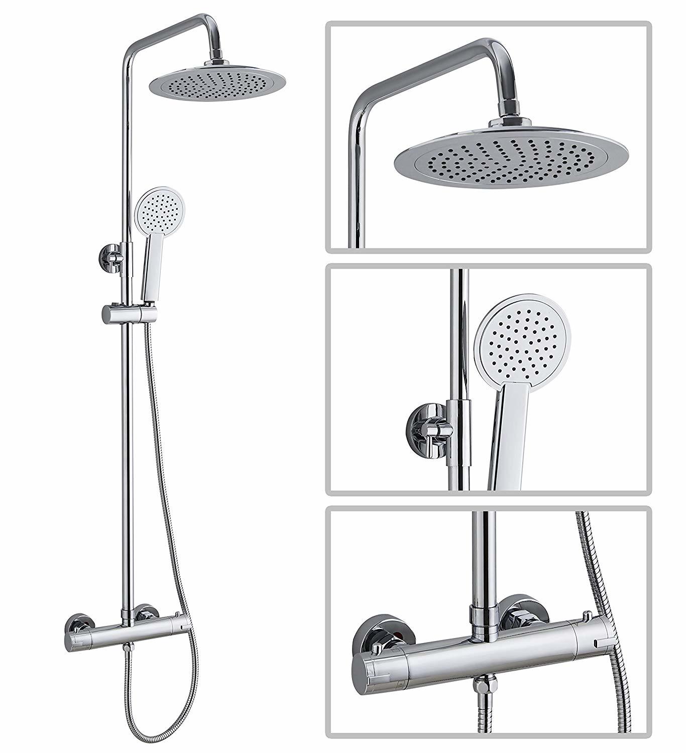 An image of Tiffy Chrome Round Tmv2 Thermostatic Fixed Head Shower With Riser Rail And Detac...