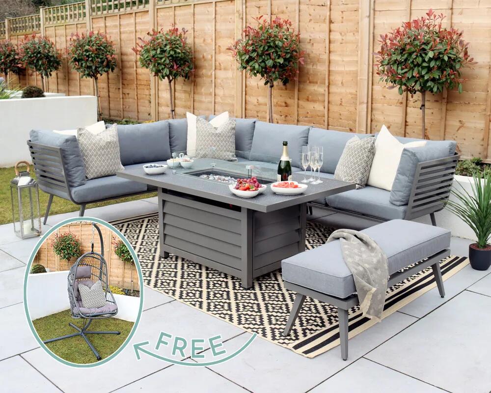 An image of Royal Craft Mayfair Corner Lounging Set With Fire Pit Table - 1 Bench Garden Fur...