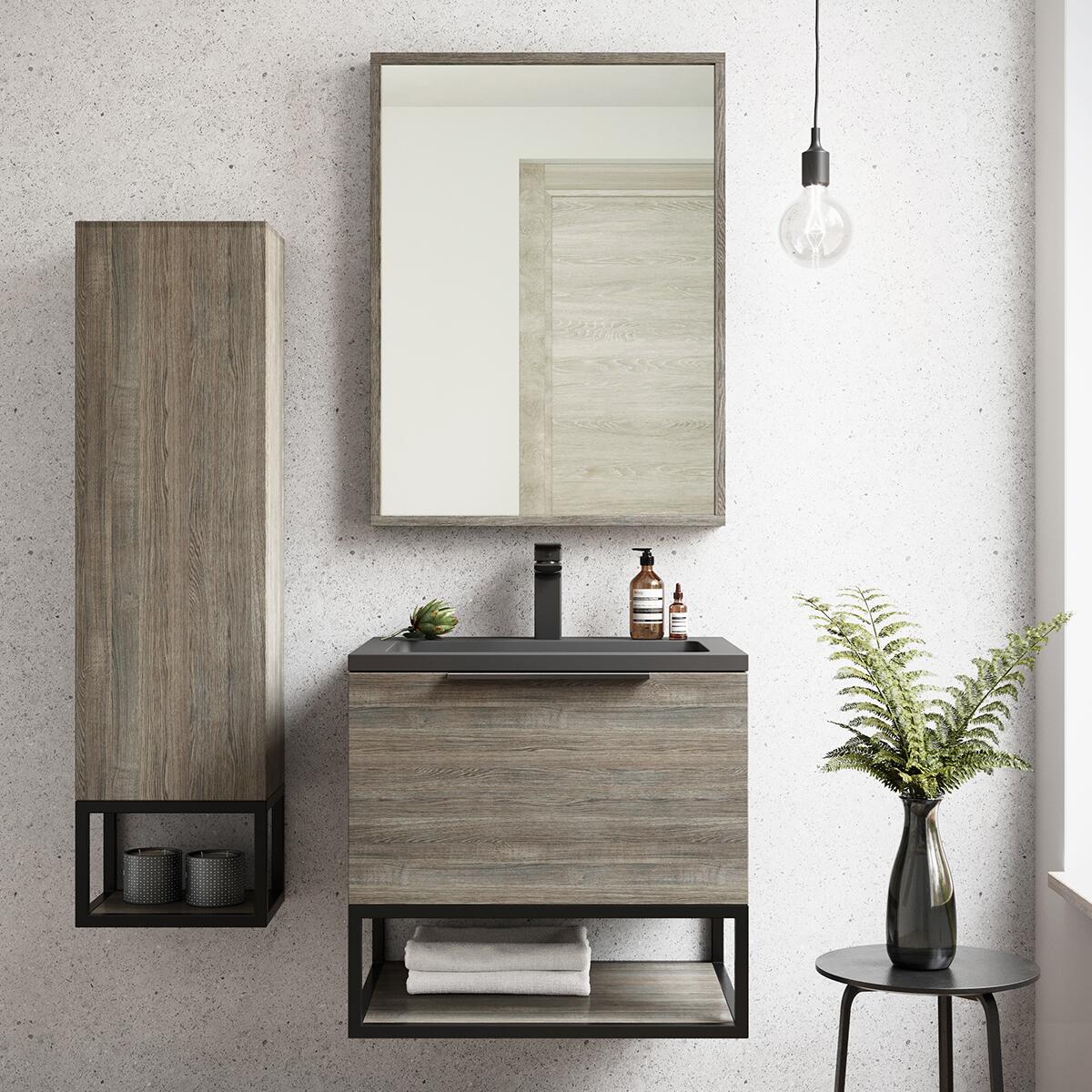 Scudo Ambience 590mm wall hung vanity unit in melamine/oak finish, contemporary style