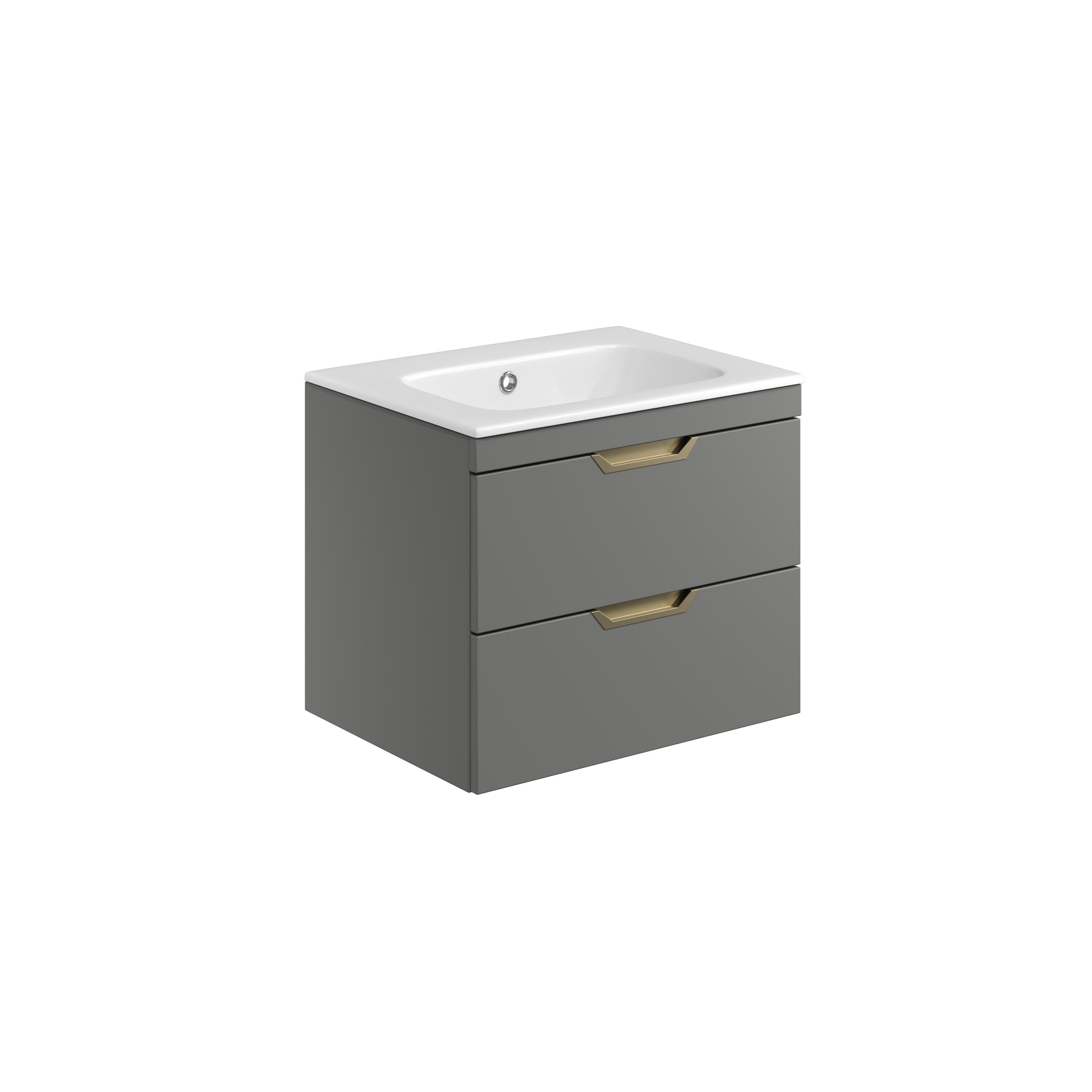 Scudo Aubrey 600mm wall hung vanity unit in Dust Grey with integral handles and matching worktop