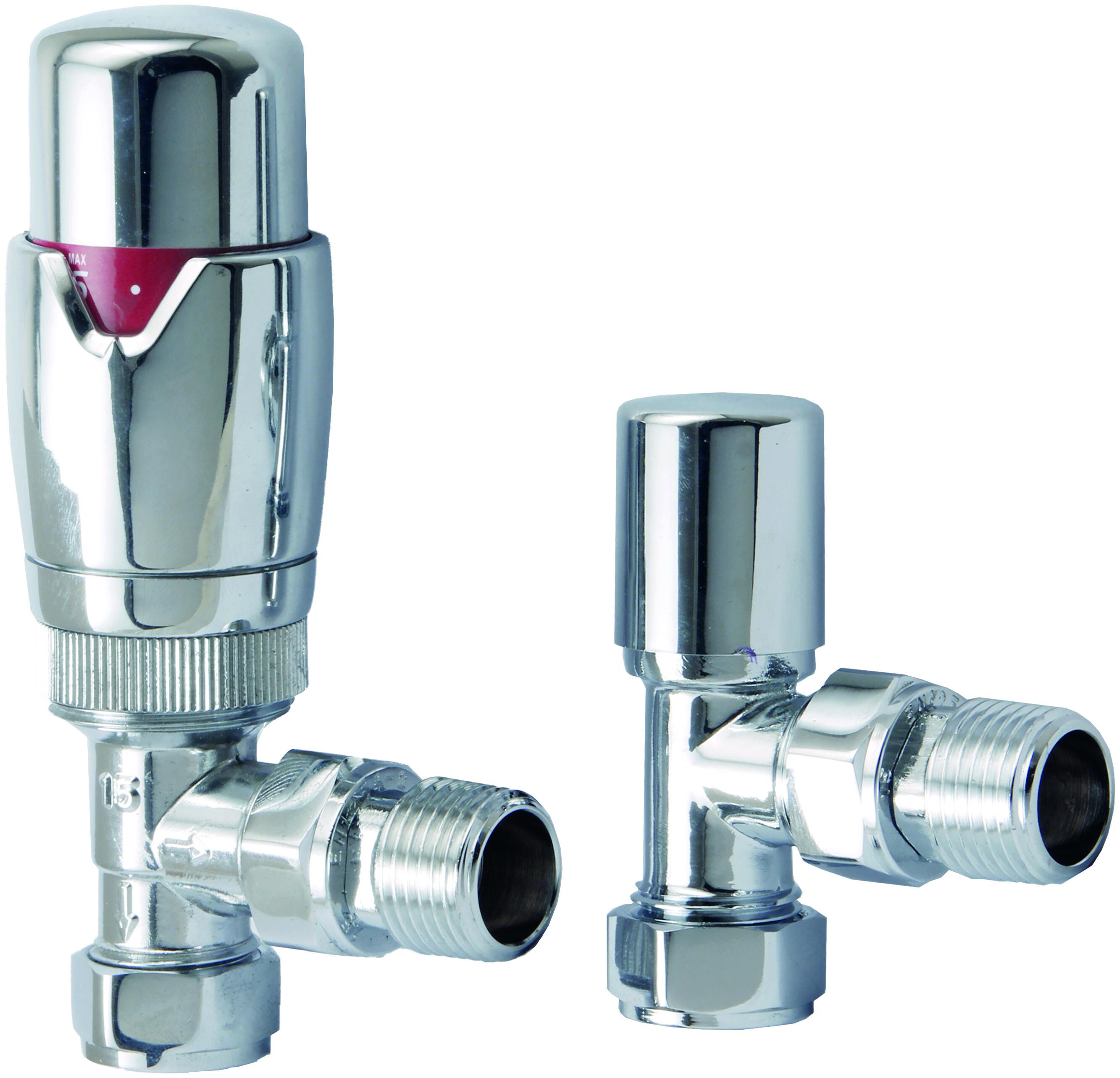 Scudo Designer angled thermostatic radiator valves, twin pack, chrome finish