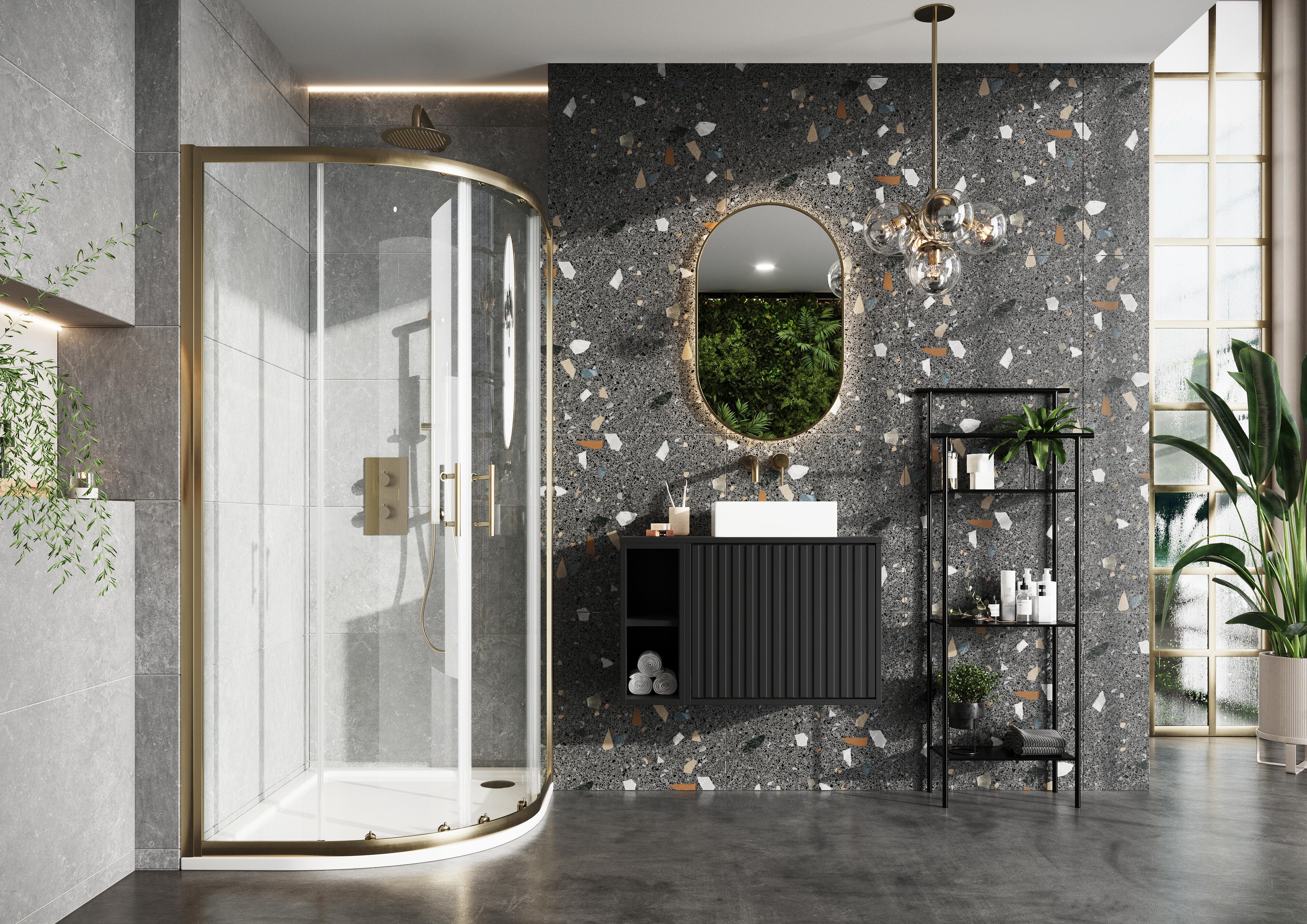 Scudo S6 double door quadrant shower enclosure with brushed brass frame and 6mm clear glass, 800mm x 1900mm