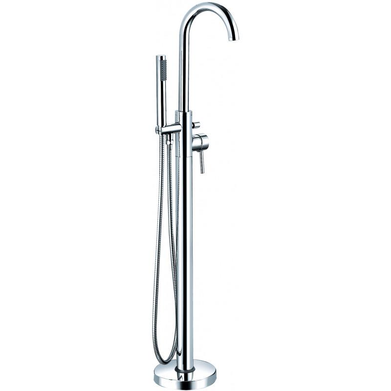 An image of Trinity Shaz Round Freestanding Bath Tap With Handheld Shower Swivel Neck