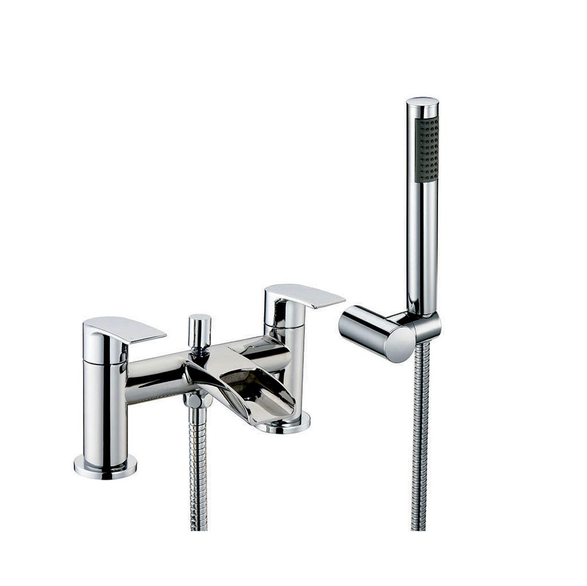 An image of Vino Curved Waterfall Spout Double Lever Bath Filler Tap With Shower Kit - Chrom...